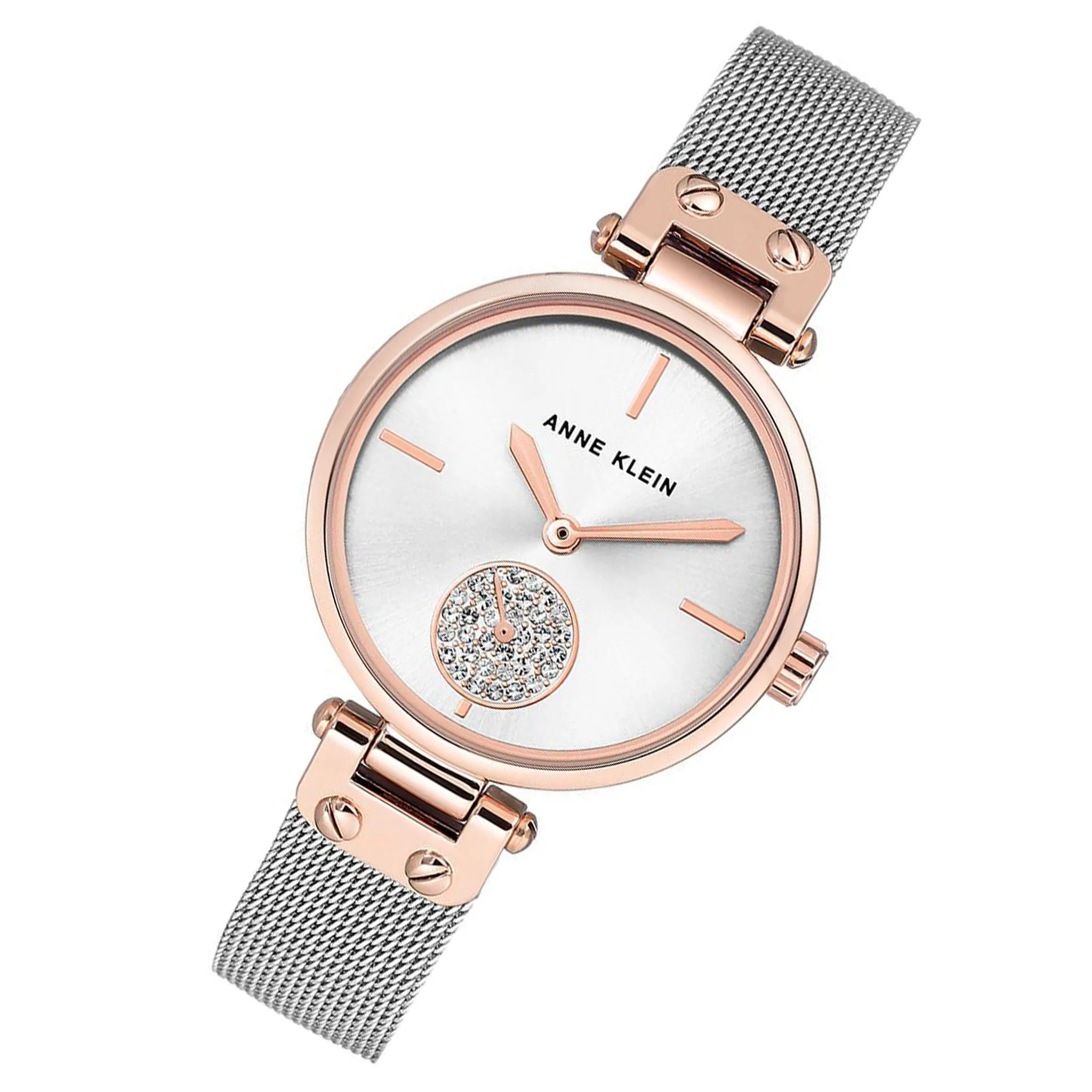 Anne Klein Swarovski Rose Gold Mesh Silver White Dial Women's Watch - AK3001SVRT