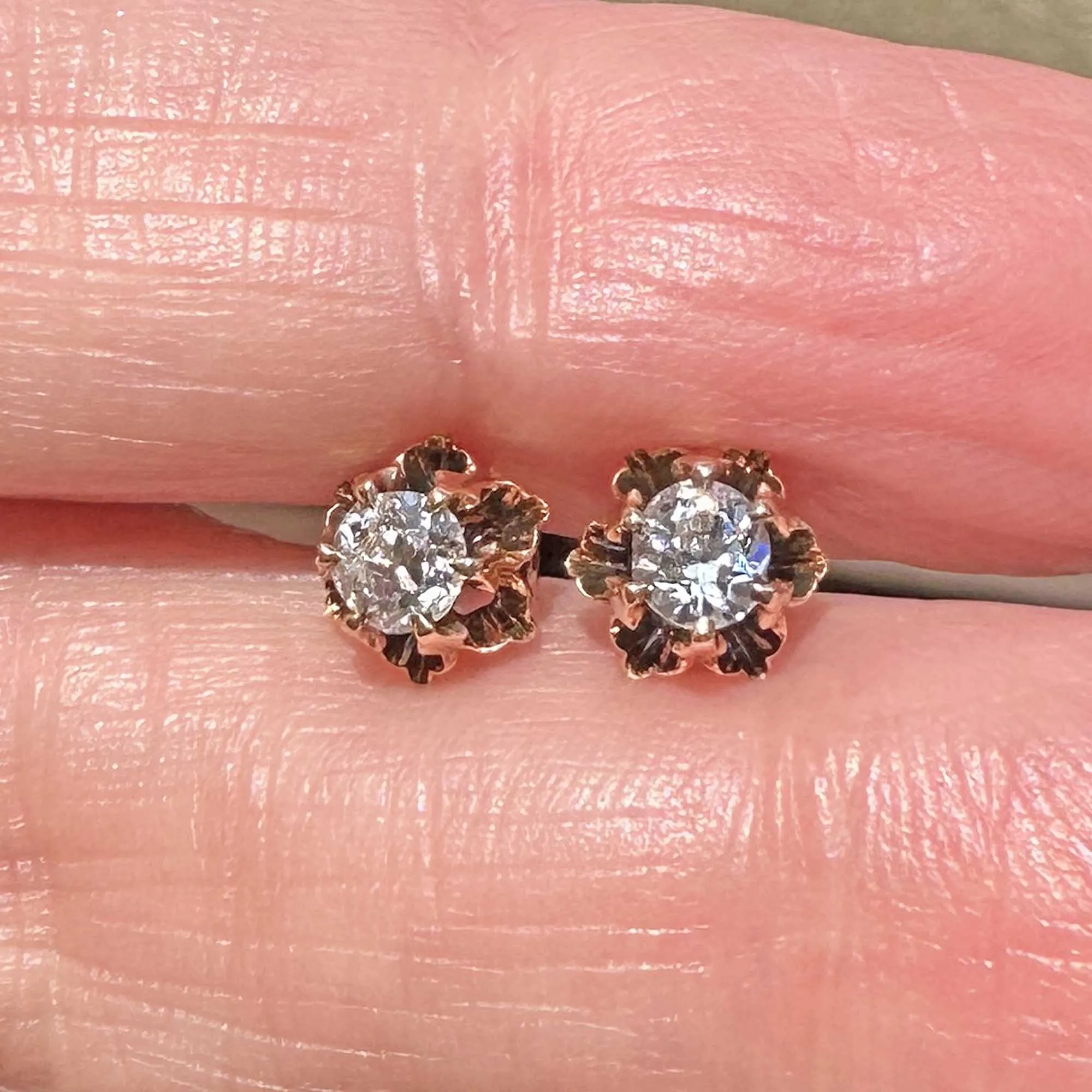 Antique 14K Gold European Cut Diamond Stud Earrings