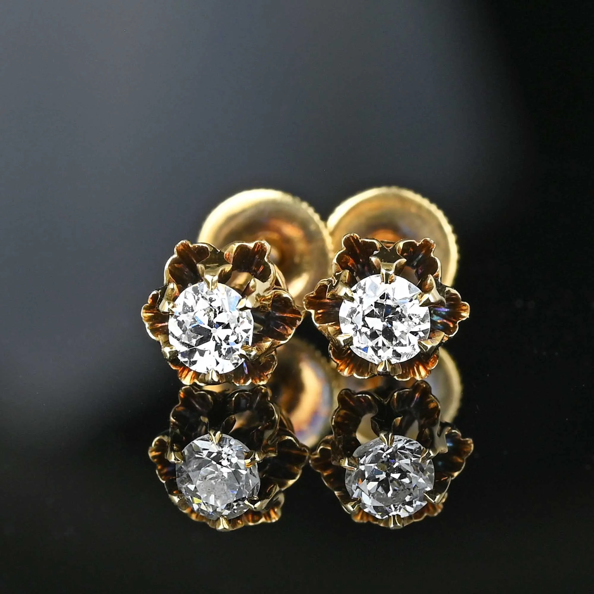 Antique 14K Gold European Cut Diamond Stud Earrings