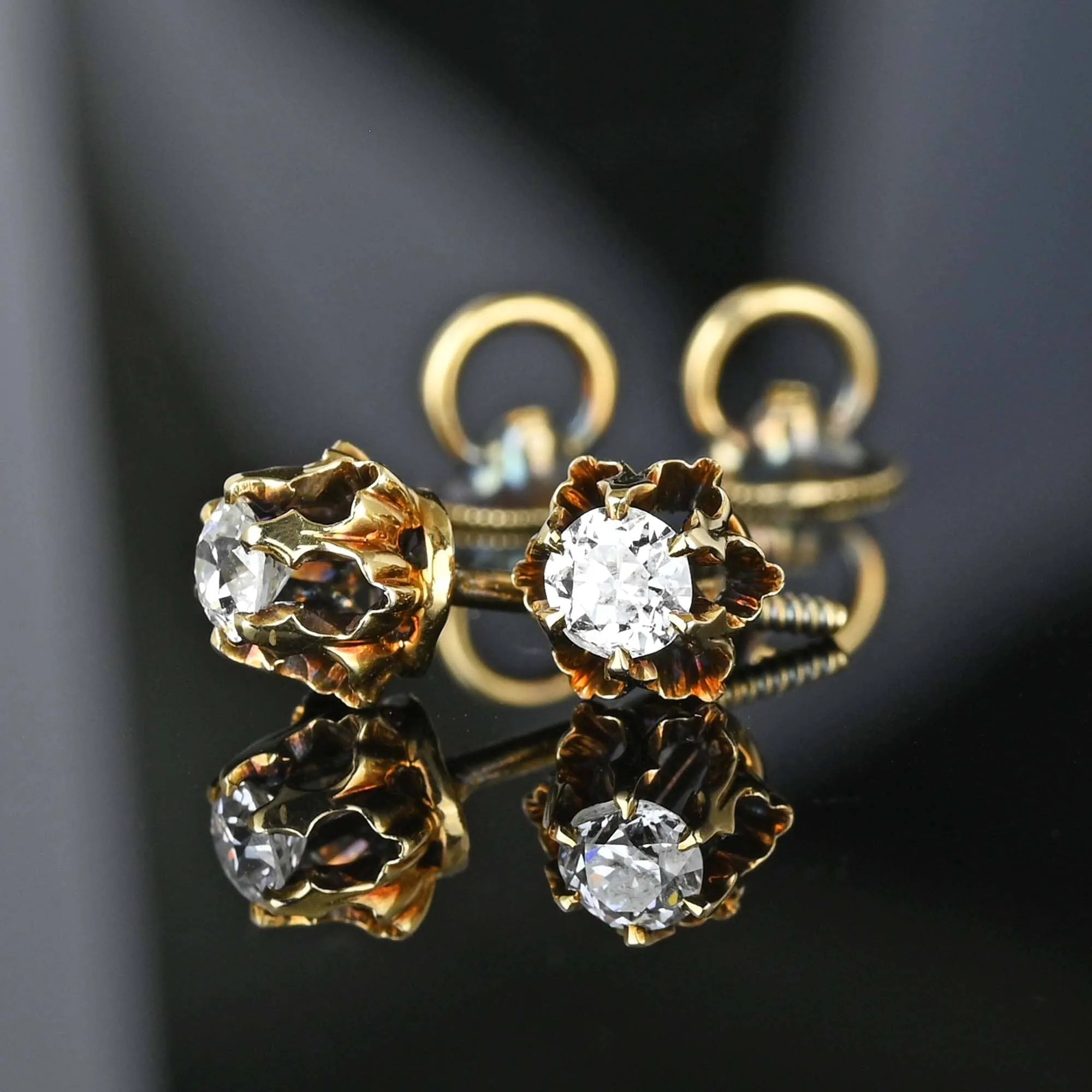 Antique 14K Gold European Cut Diamond Stud Earrings