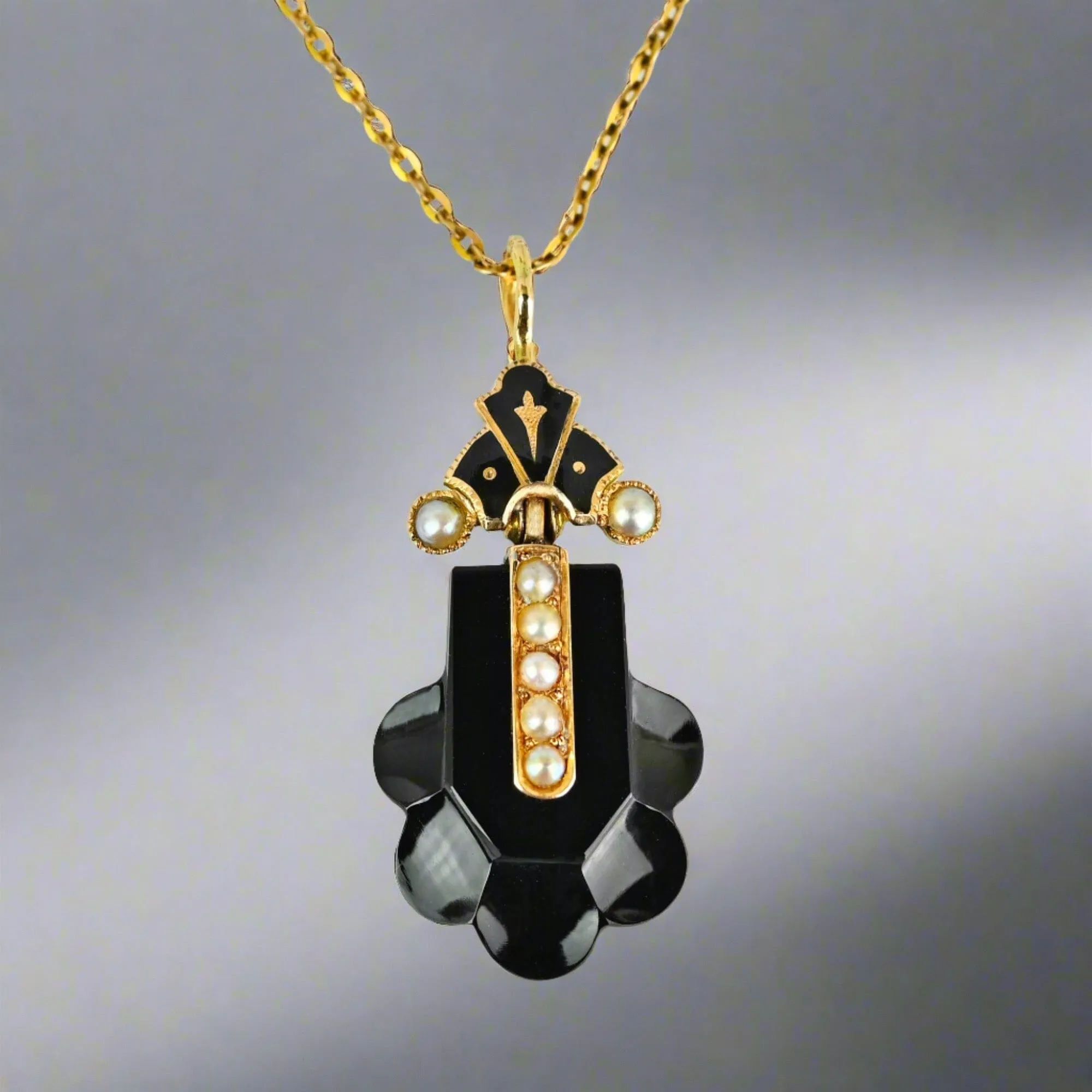 Antique 14K Gold Seed Pearl Black Enamel Whitby Jet Necklace