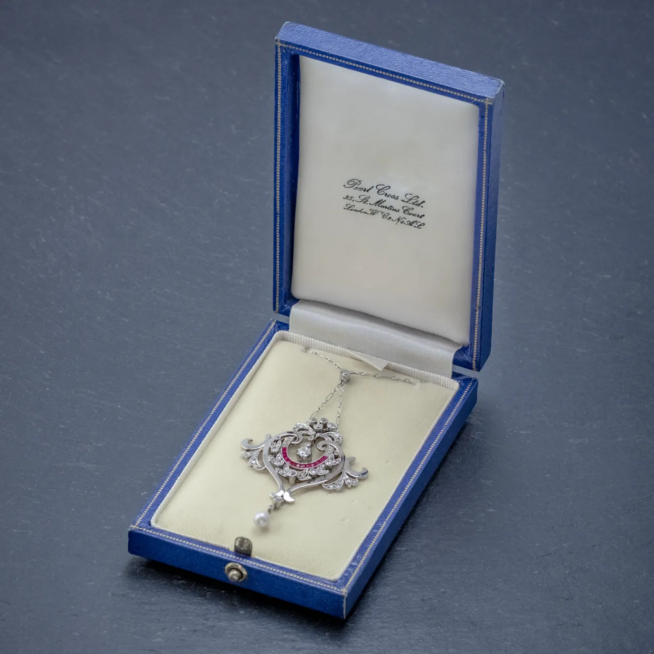 Antique Diamond Ruby Pearl Pendant Necklace Platinum 18Ct Gold Circa 1915 Boxed