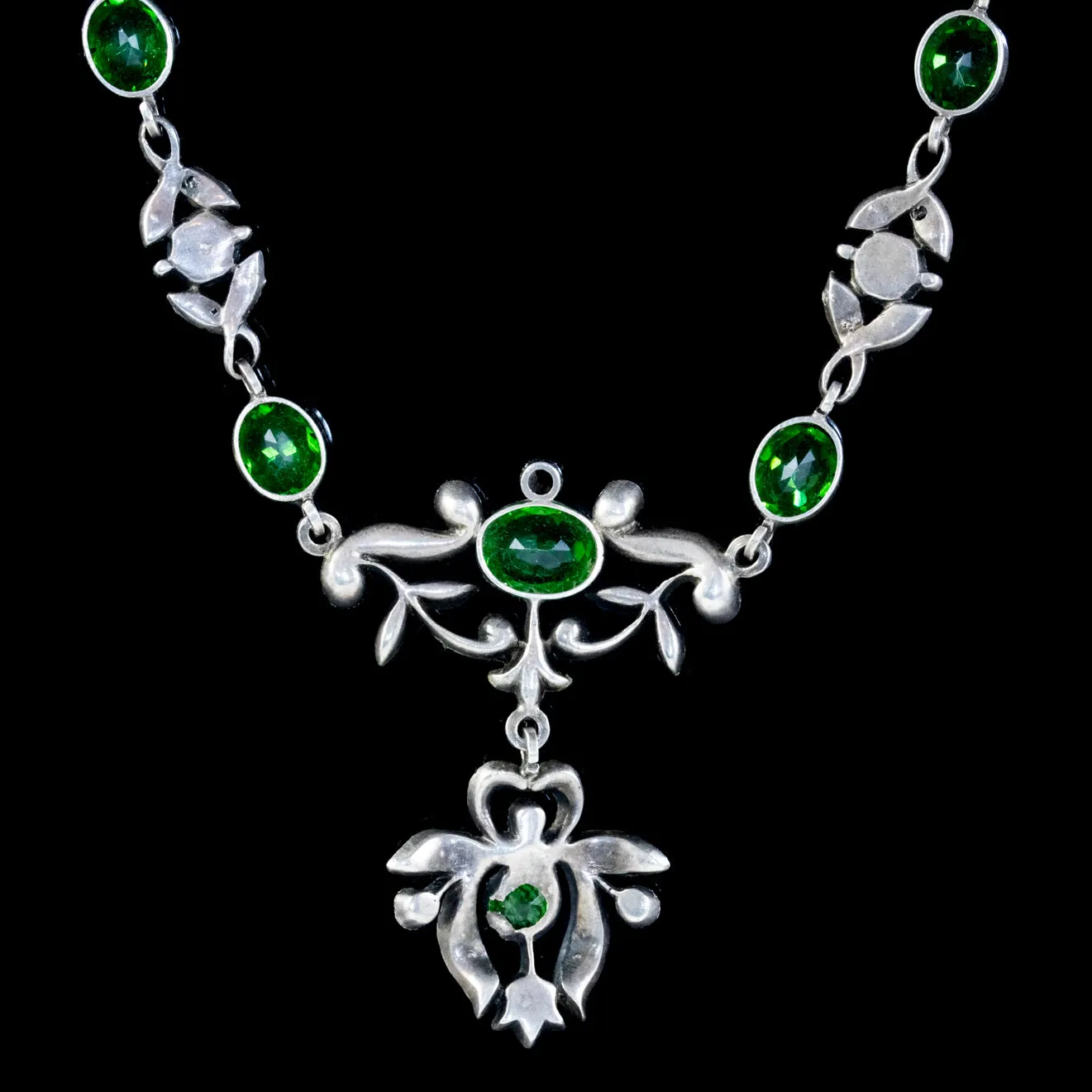 Antique Edwardian Green Paste Lavaliere Necklace Sterling Silver Circa 1905