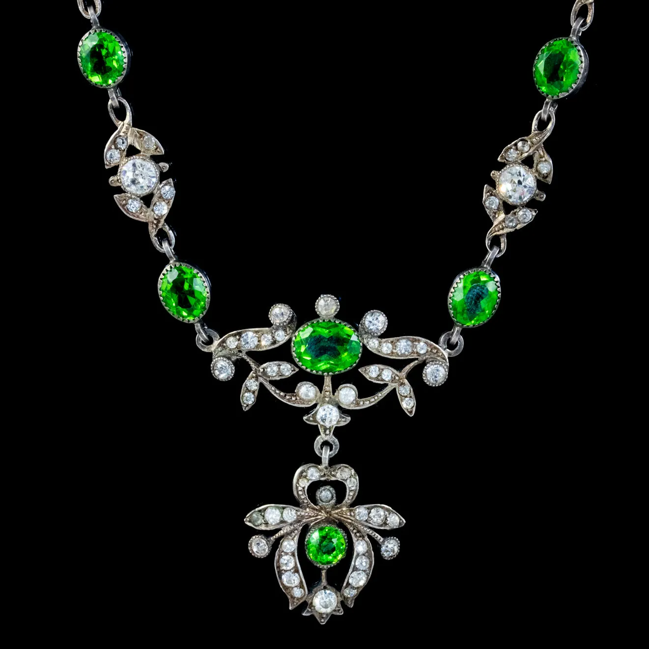 Antique Edwardian Green Paste Lavaliere Necklace Sterling Silver Circa 1905