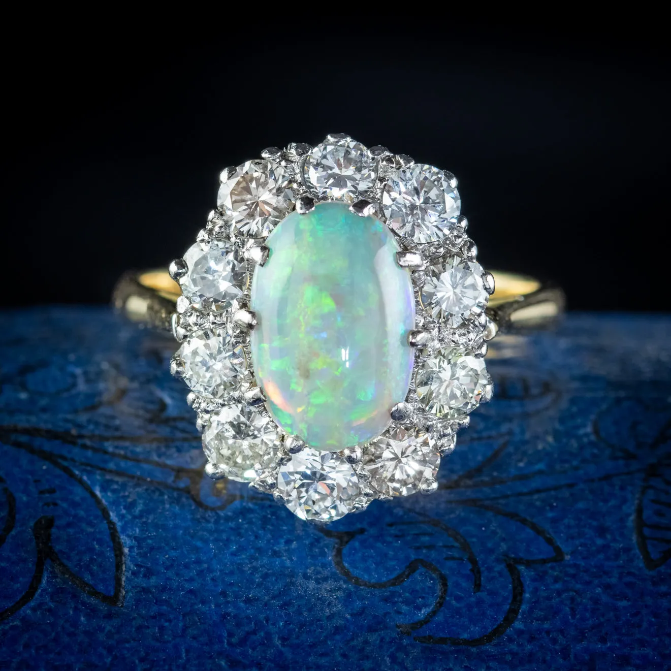 Antique Edwardian Opal Diamond Ring Platinum 18ct Gold 2.80ct Opal 2ct Diamond Circa 1905