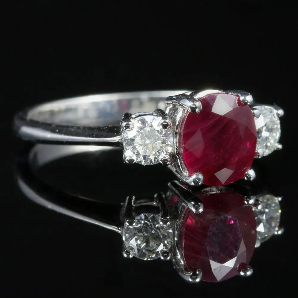 Antique Edwardian Ruby Diamond Trilogy Ring 18Ct White Gold Circa 1915