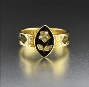 Antique Forget Me Not Pearl 15K Gold Ring