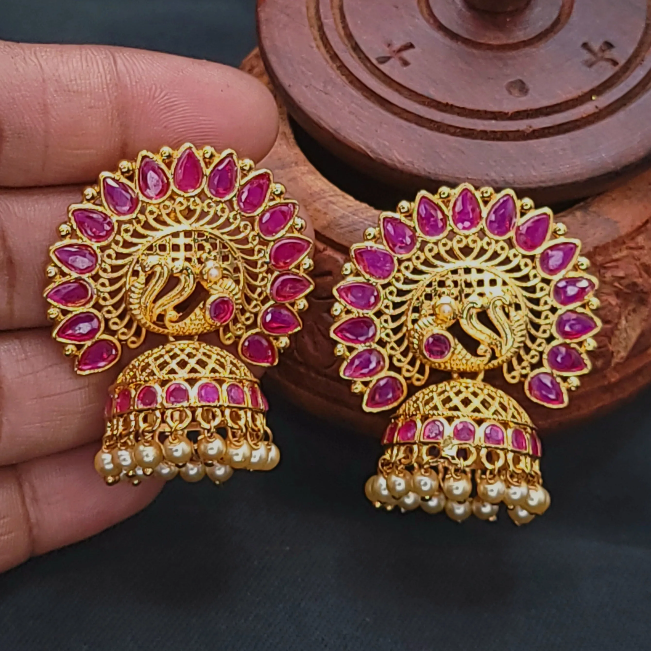 Antique Gold Ruby Red AD Peacock Jhumka Earring