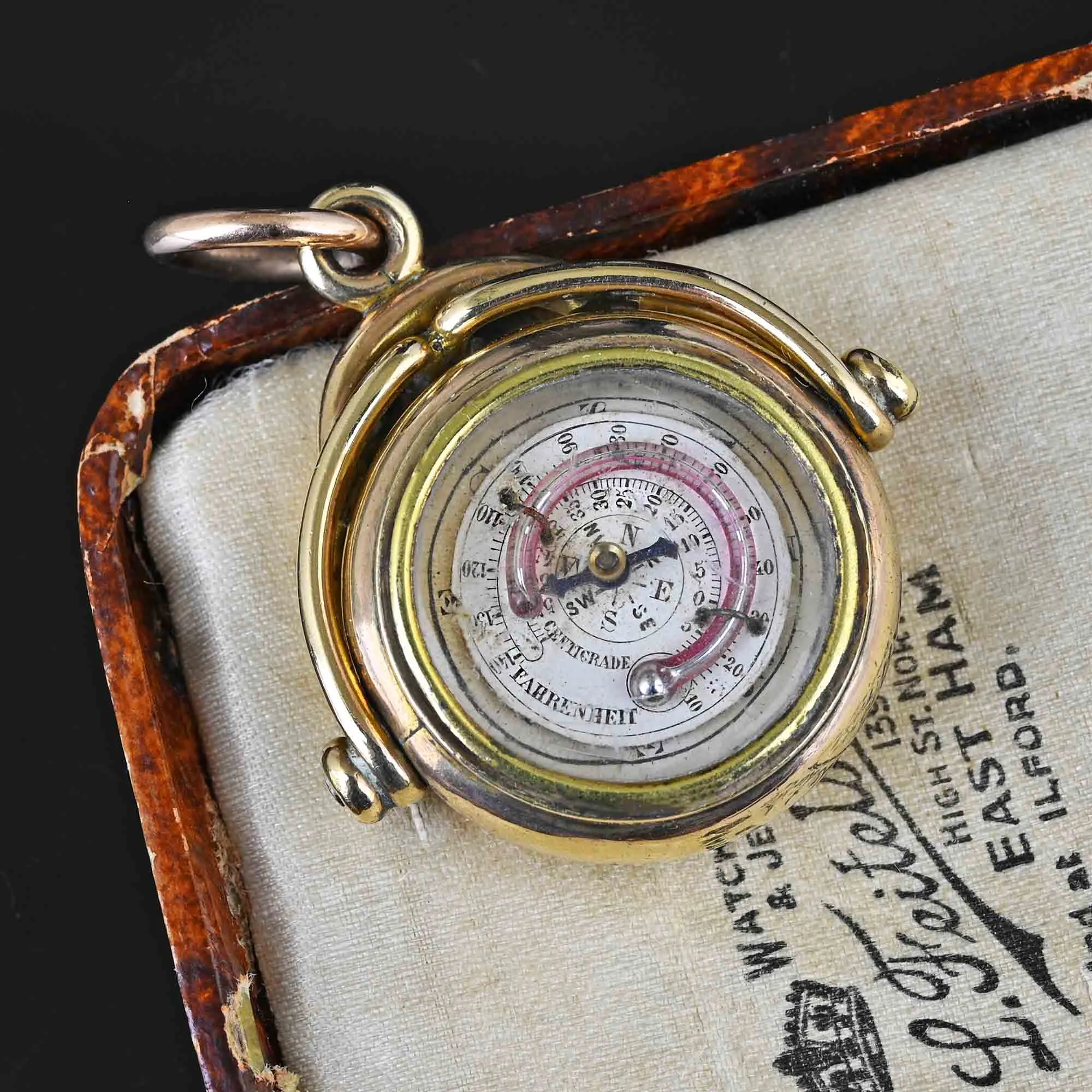 Antique Gold Thermometer Compass Spinner Watch Fob Pendant