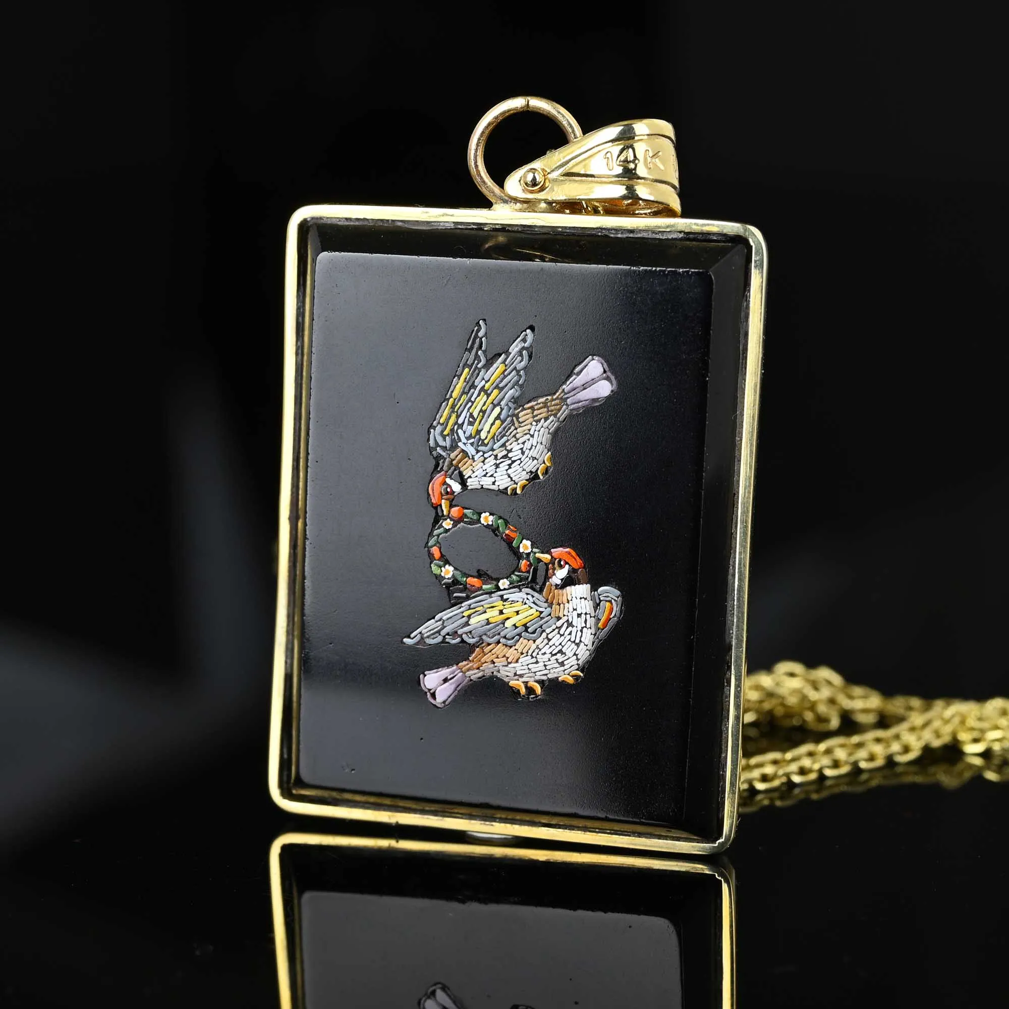 Antique Lovebird Micro Mosaic Onyx Pendant in 14K Gold