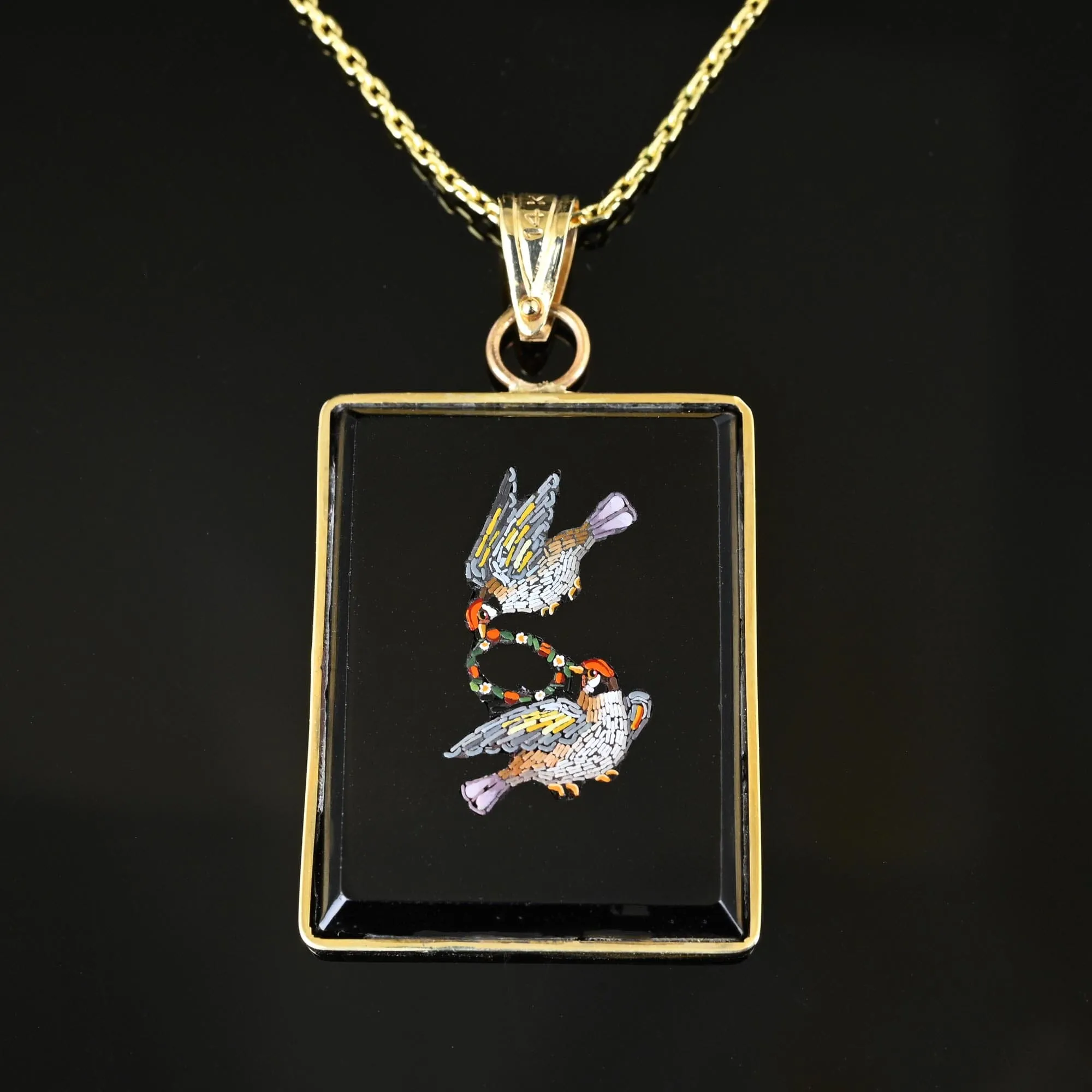 Antique Lovebird Micro Mosaic Onyx Pendant in 14K Gold