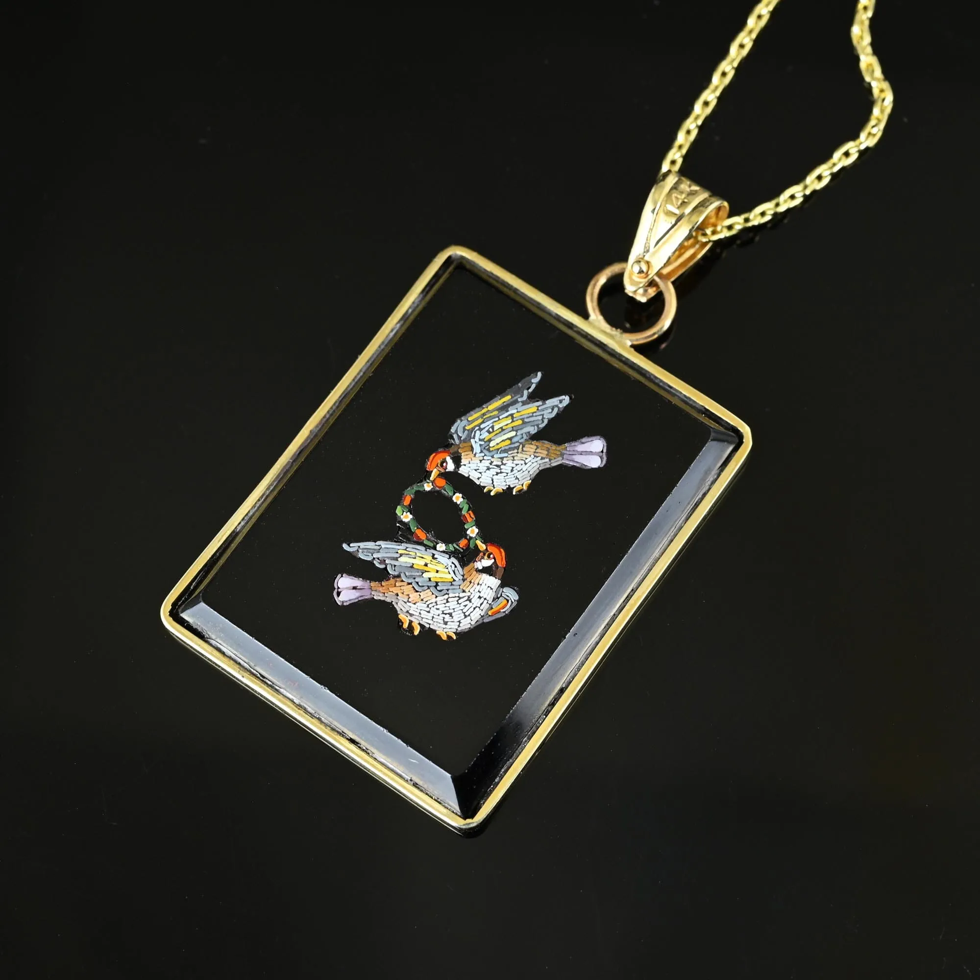 Antique Lovebird Micro Mosaic Onyx Pendant in 14K Gold