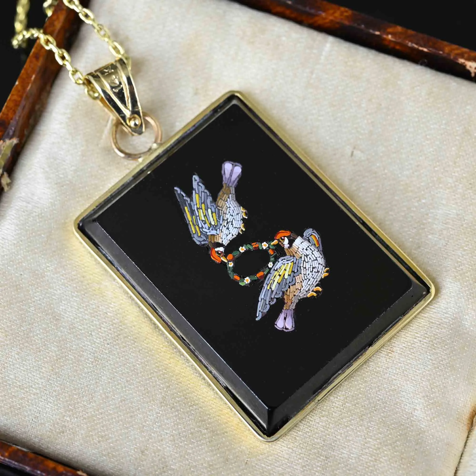 Antique Lovebird Micro Mosaic Onyx Pendant in 14K Gold