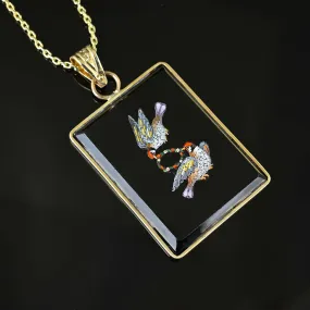 Antique Lovebird Micro Mosaic Onyx Pendant in 14K Gold