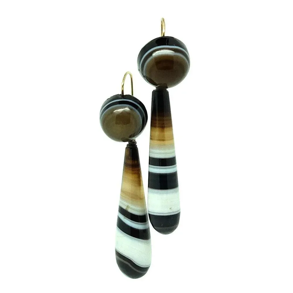 Antique Victorian Banded Agate Drop Earrings