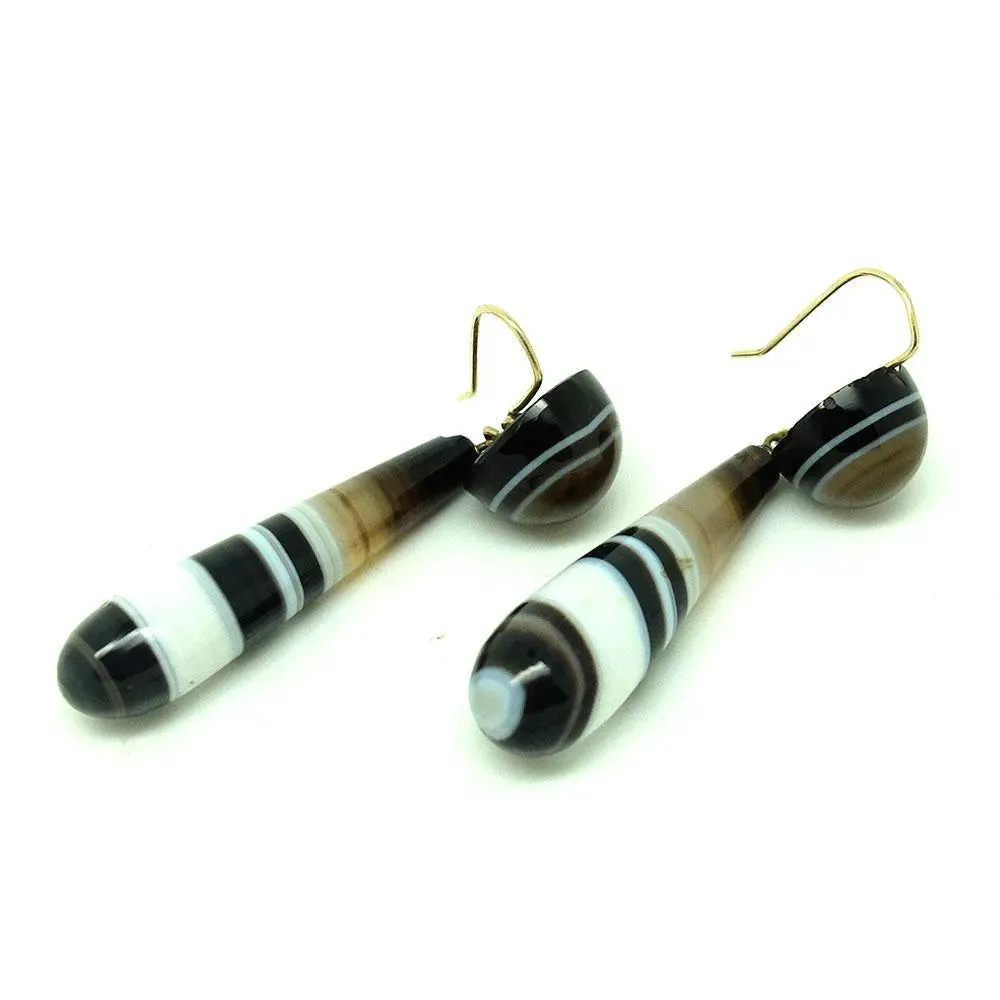 Antique Victorian Banded Agate Drop Earrings