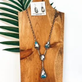 Augustine Largo | Navajo Handmade Sterling Silver & Remix White Buffalo and Turquoise Lariat Necklace   Matching Earrings