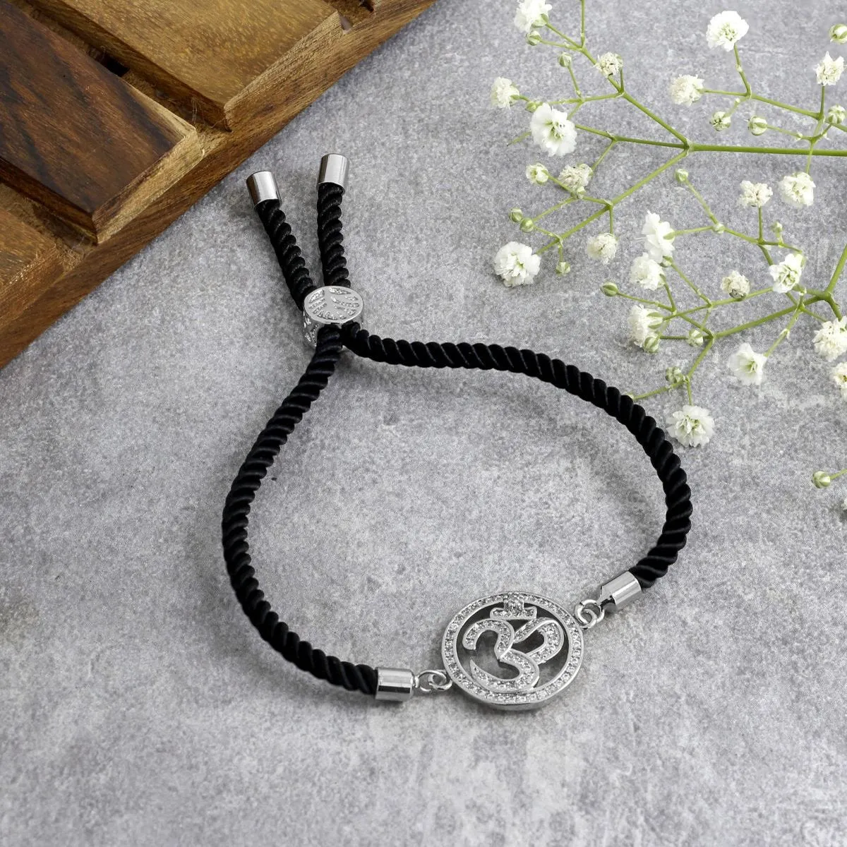 Aum Om Silver Black American Diamond Adjustable Thread Bracelet