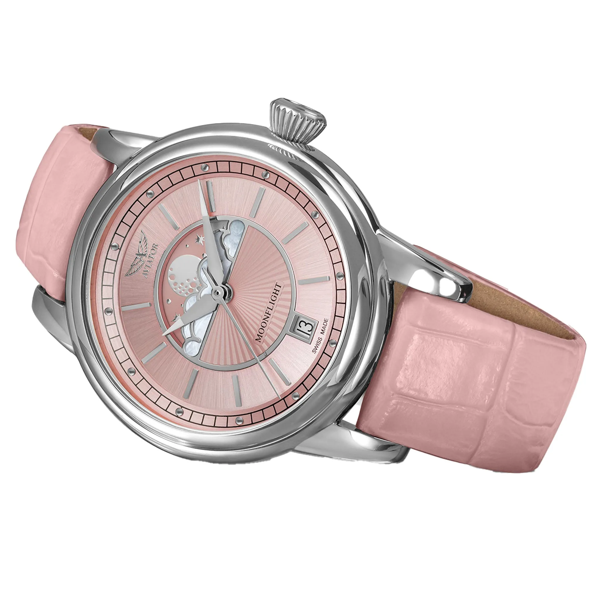 Aviator Pink Leather Swiss Made Women's Watch - V13302574