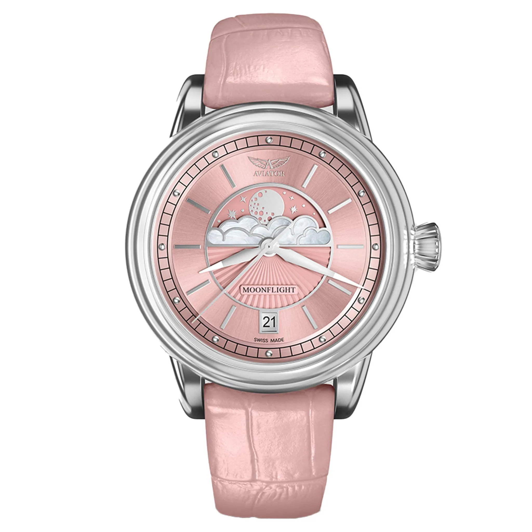 Aviator Pink Leather Swiss Made Women's Watch - V13302574