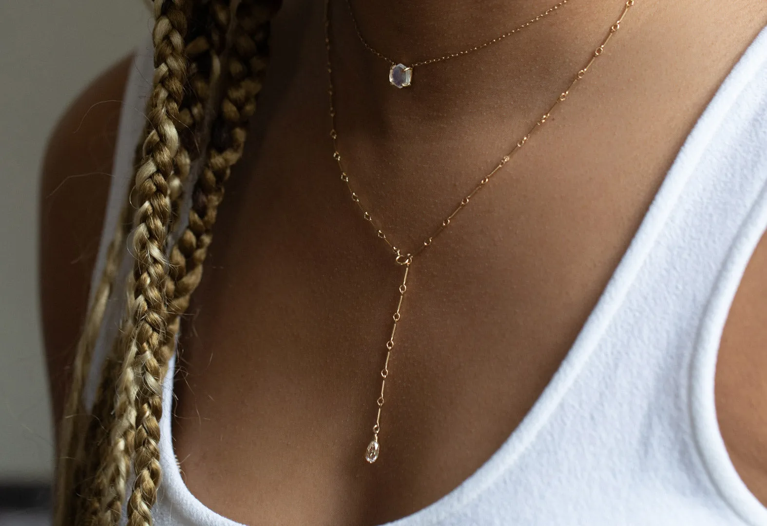 Bar Chain Briolette Diamond Lariat Necklace