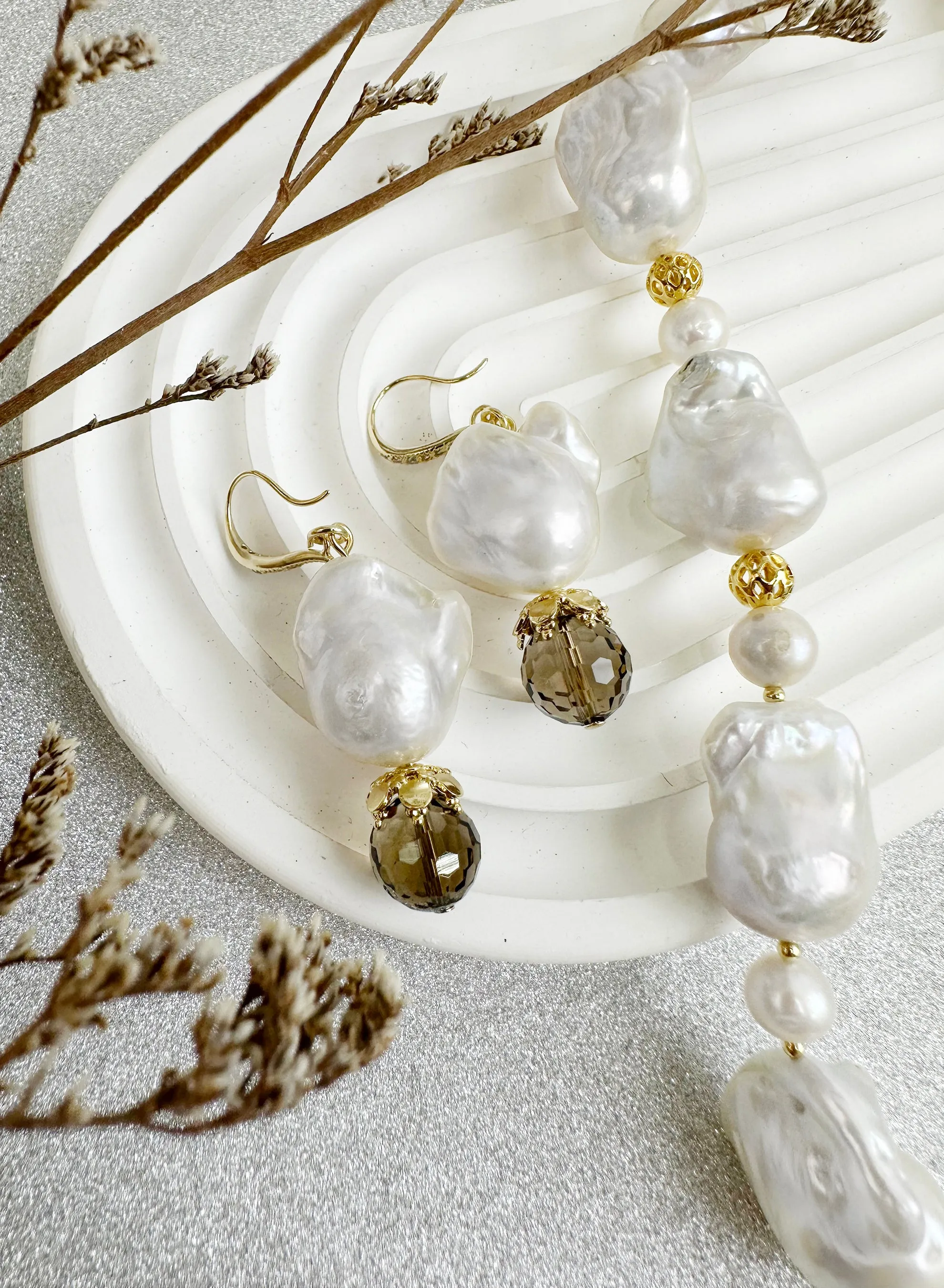 Baroque Pearl With Smoky Quartz Dangle Earrings KE001