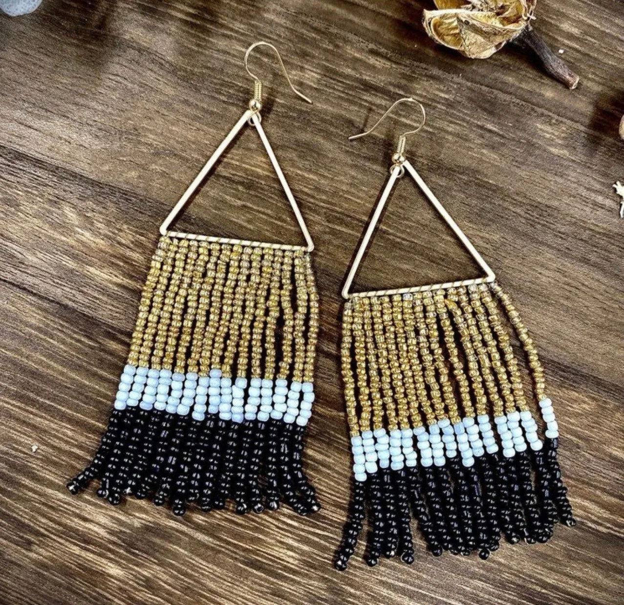 Black and Gold Beaded Boho Earrings - Handmade Jewelry,  NOLA Saints, Beaded Earrings, Handmade Earrings, New Orleans Saints Earrings