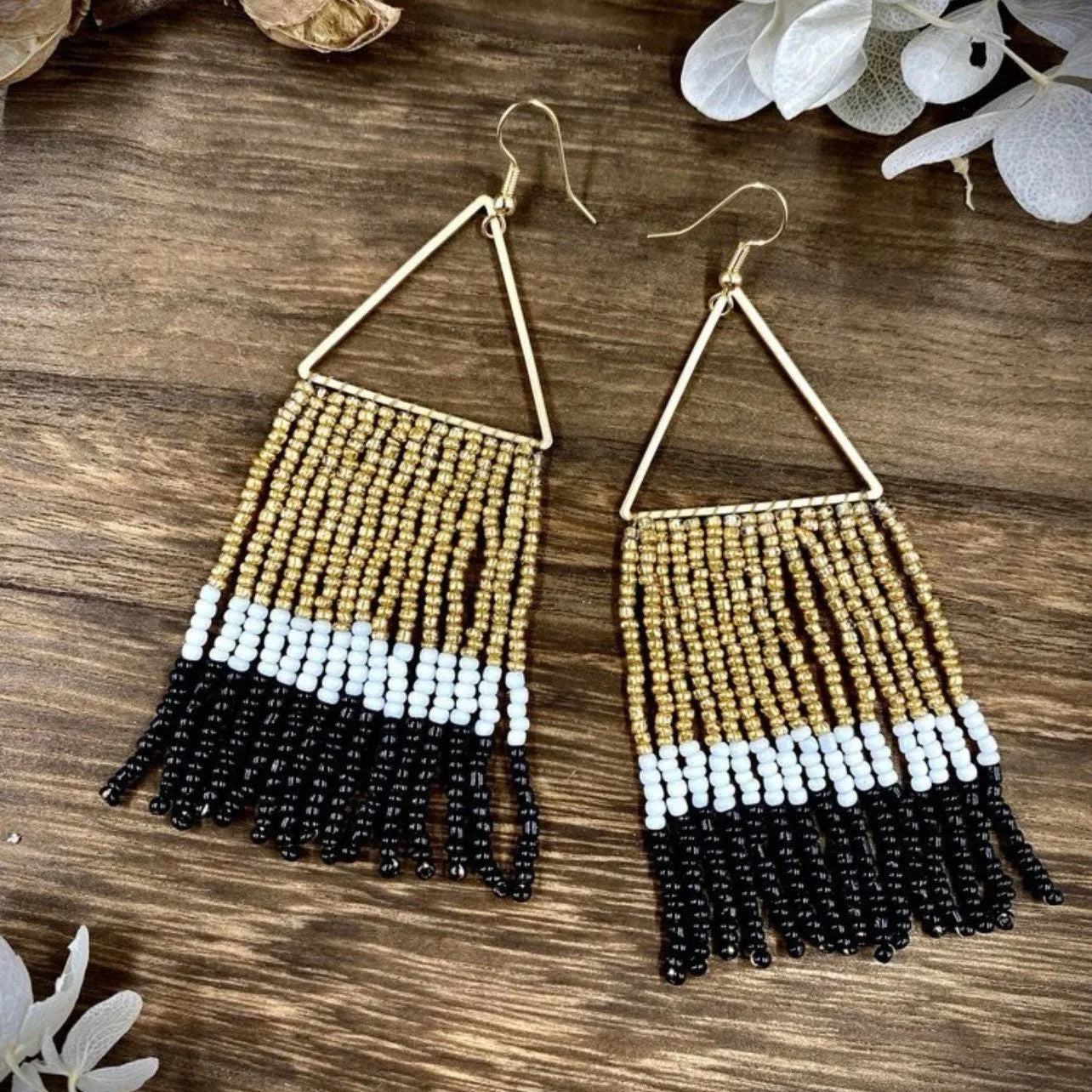 Black and Gold Beaded Boho Earrings - Handmade Jewelry,  NOLA Saints, Beaded Earrings, Handmade Earrings, New Orleans Saints Earrings