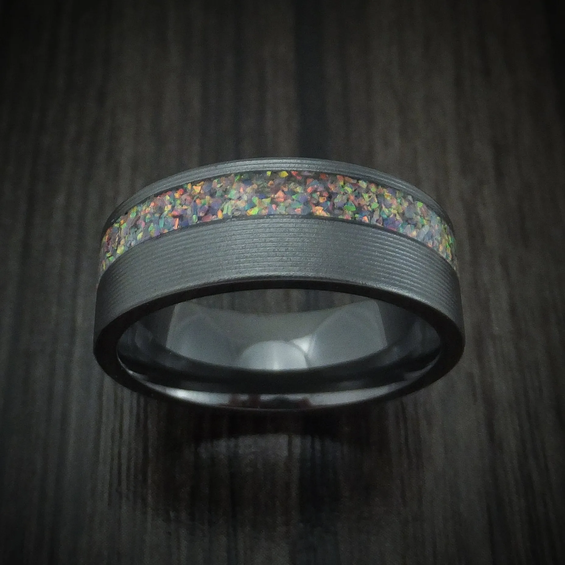 Black Zirconium and Opal Men's Ring Custom Made Band