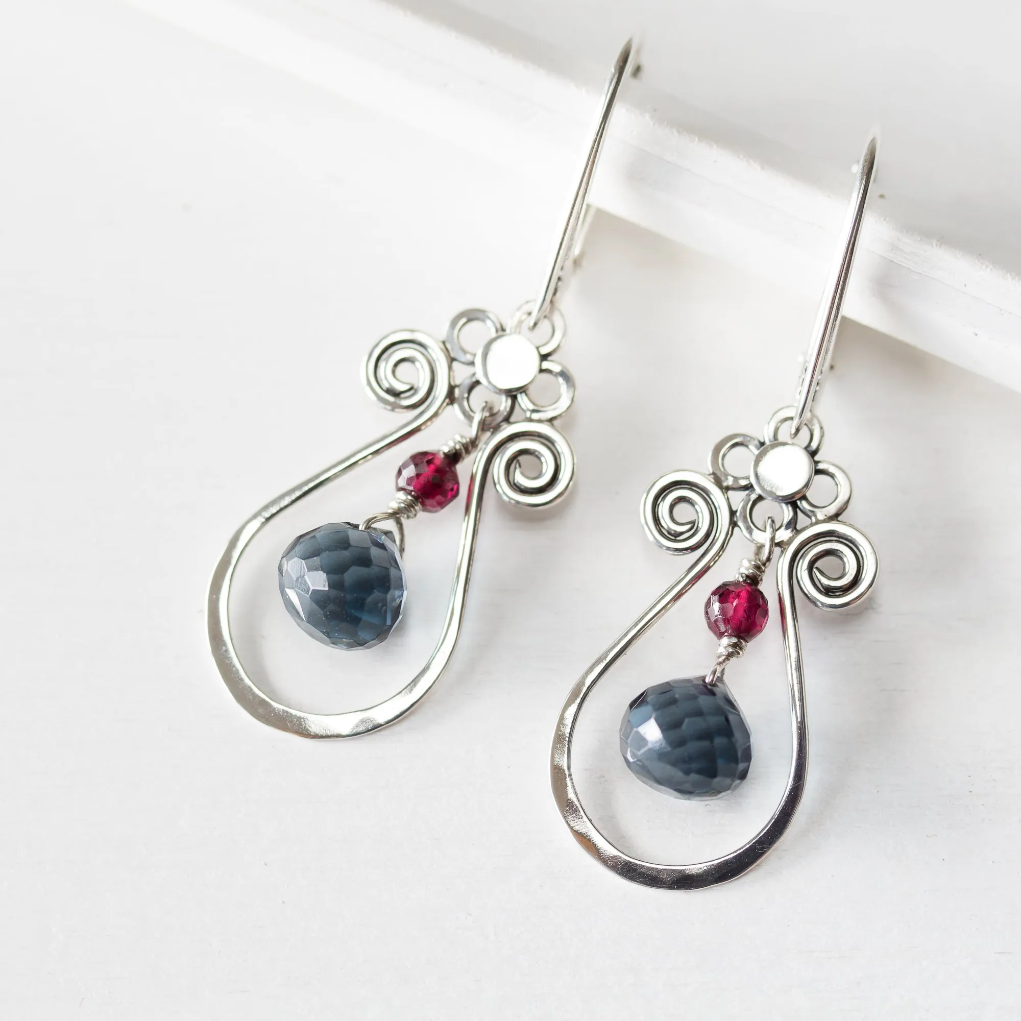 Blue and Red Gemstone Leverback Earrings, 925 sterling silver