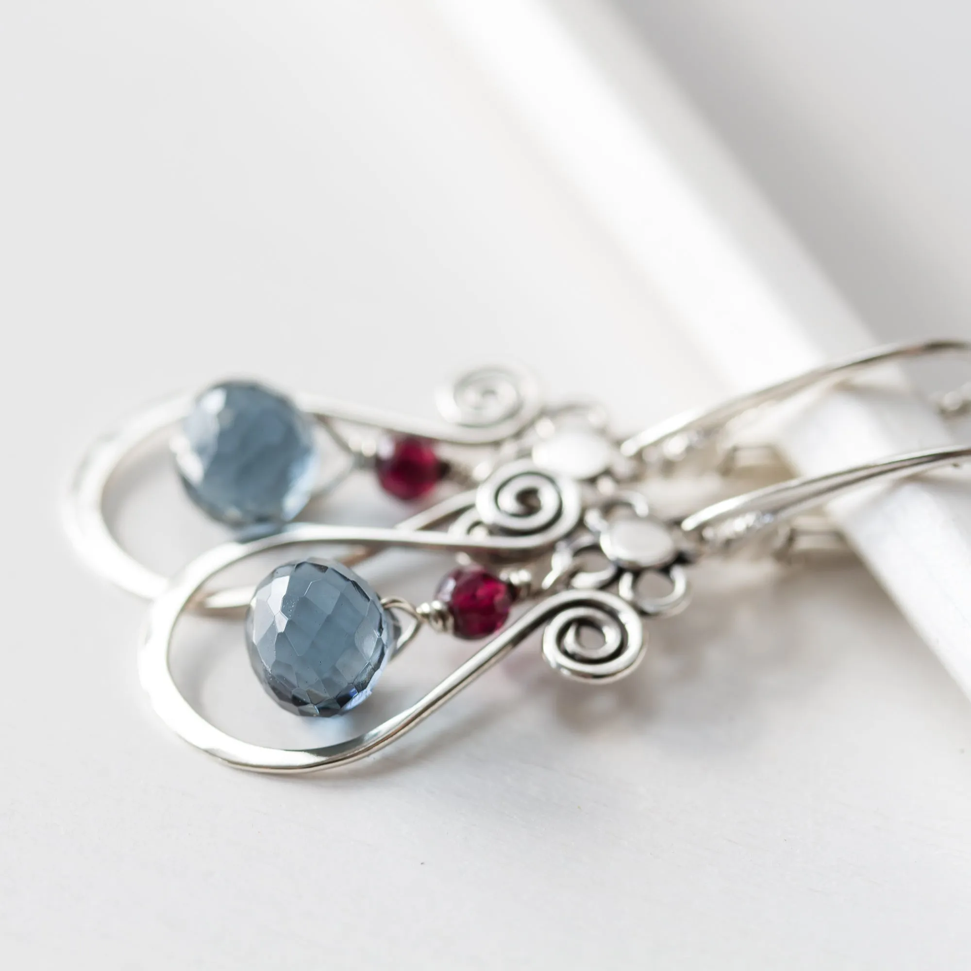 Blue and Red Gemstone Leverback Earrings, 925 sterling silver