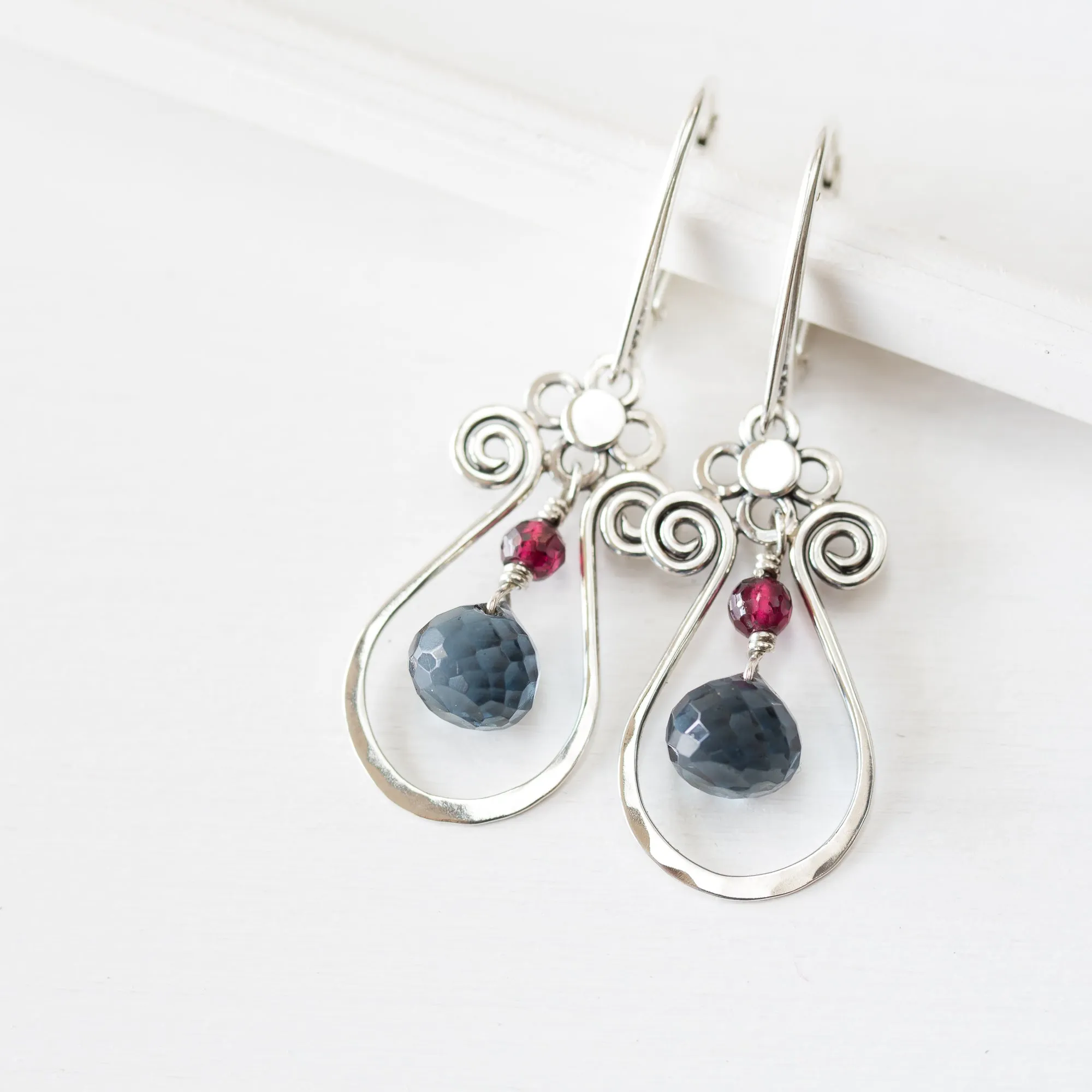 Blue and Red Gemstone Leverback Earrings, 925 sterling silver