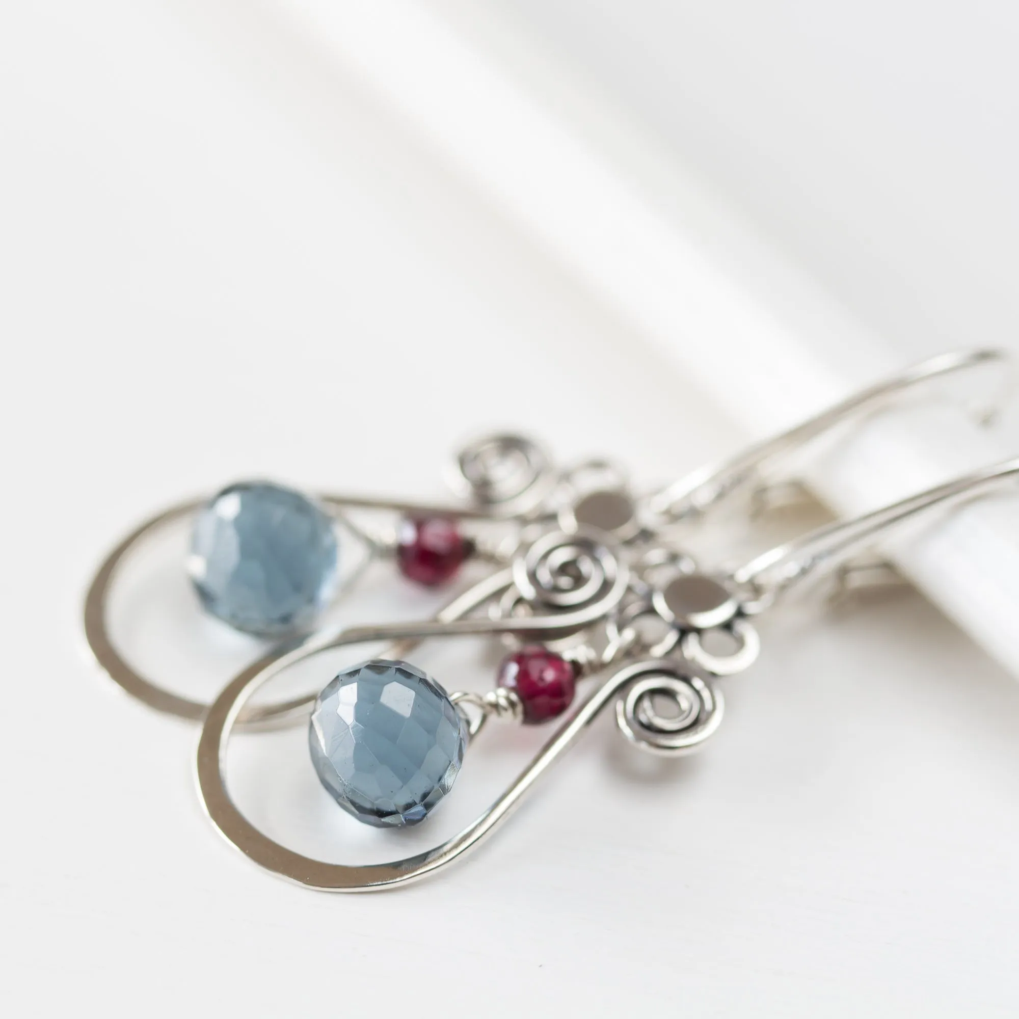 Blue and Red Gemstone Leverback Earrings, 925 sterling silver