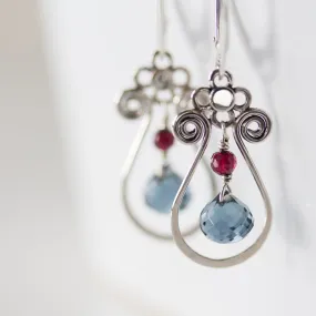 Blue and Red Gemstone Leverback Earrings, 925 sterling silver