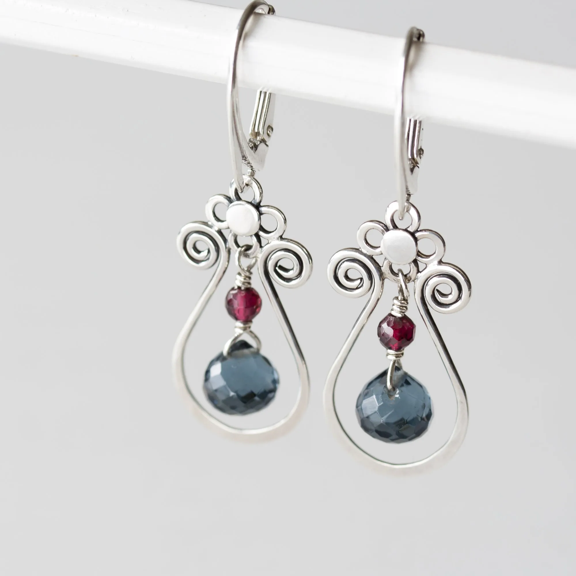 Blue and Red Gemstone Leverback Earrings, 925 sterling silver