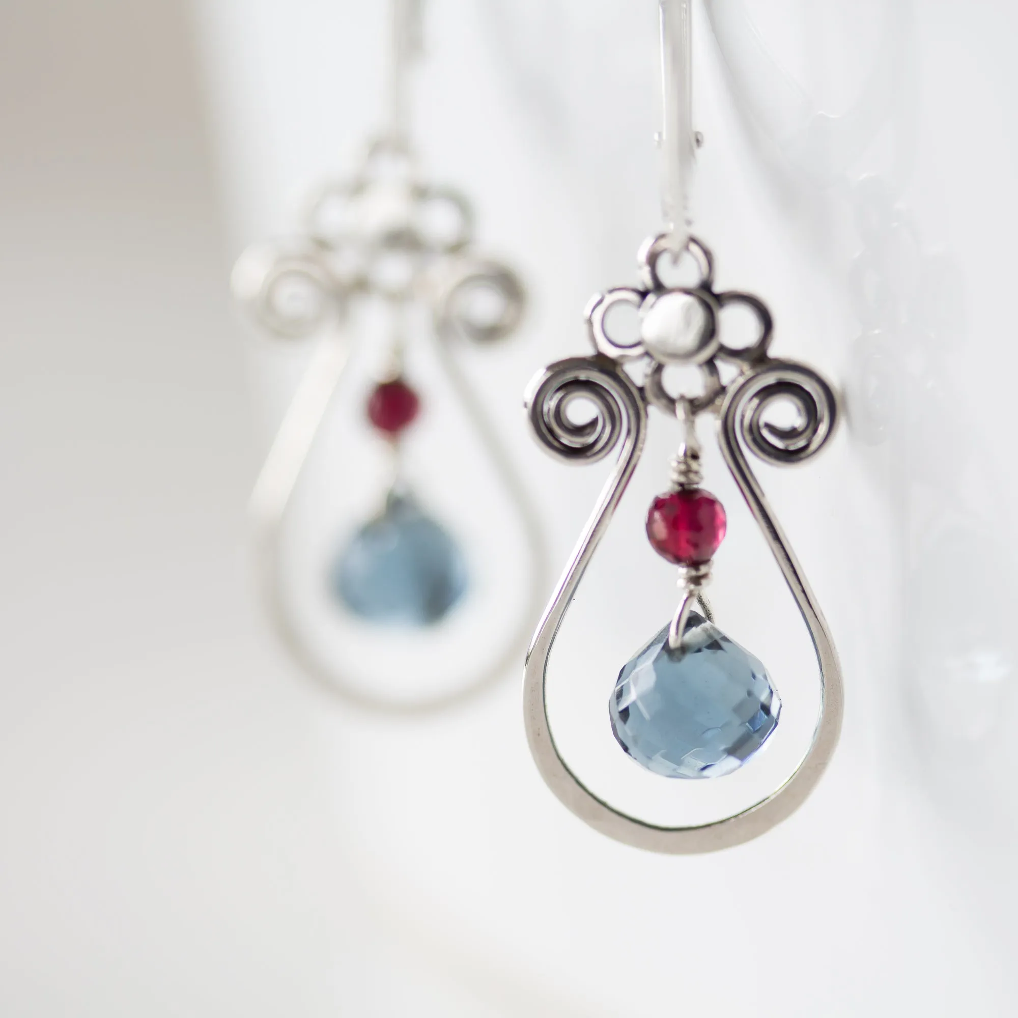 Blue and Red Gemstone Leverback Earrings, 925 sterling silver