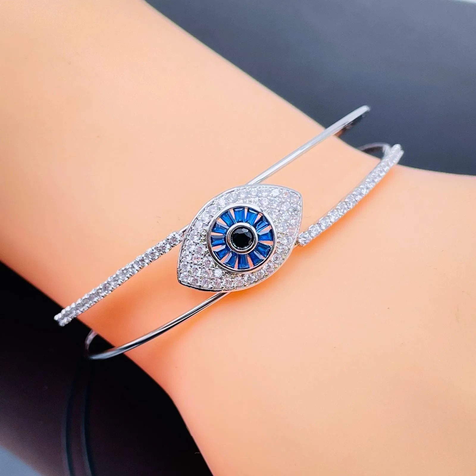 Blue Evil Eye Baguette Cubic Zirconia Silver Cuff Kada for Women