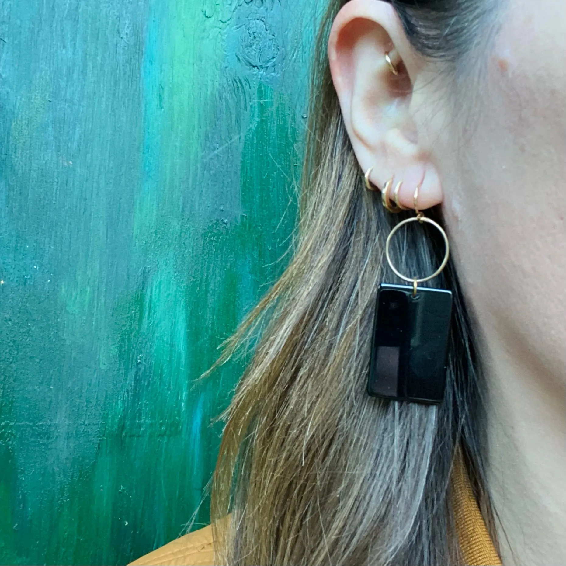 Bold Brass & Onyx Geometric Earrings by Brin