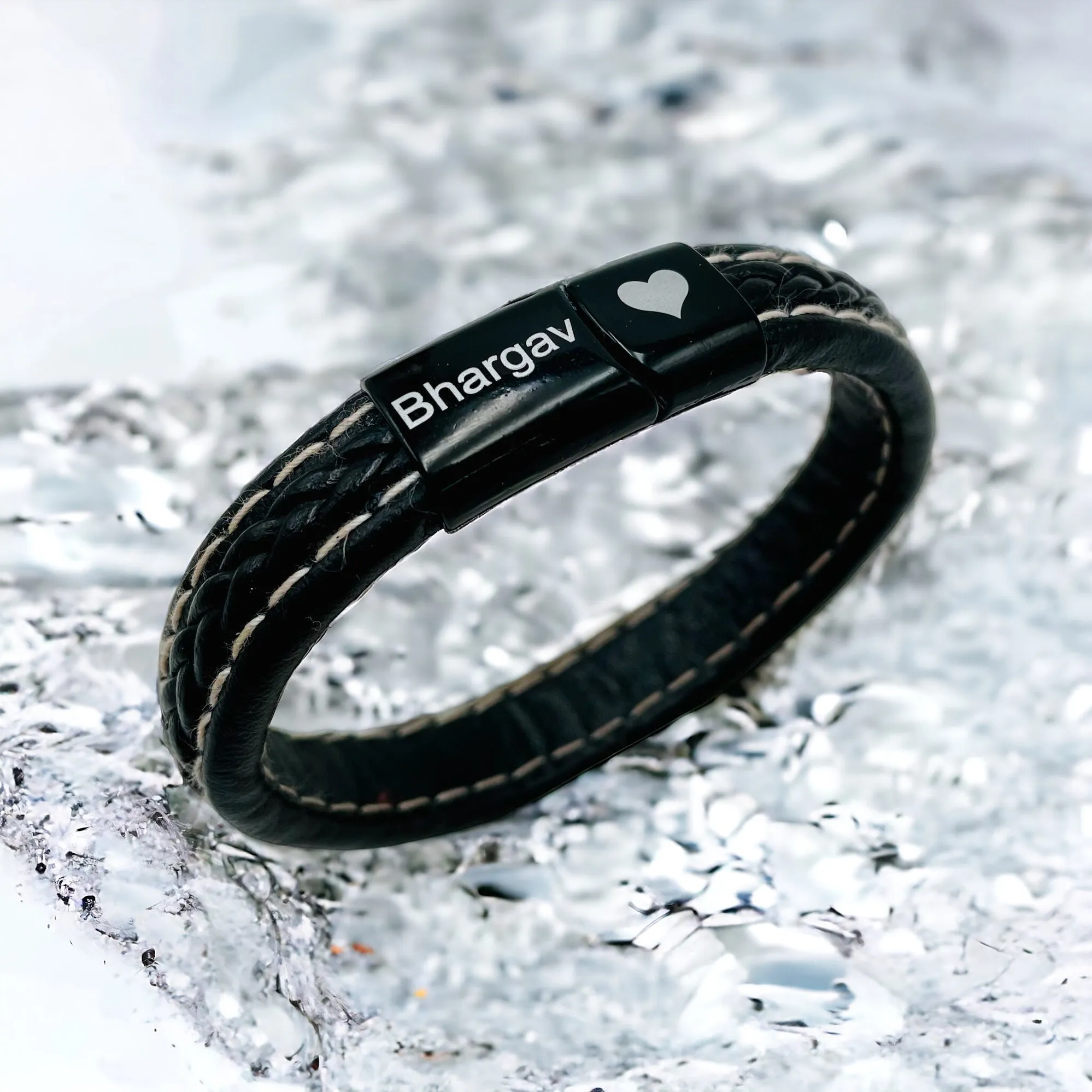 Braided Black Leather Wrist Band Multi Strand Personalized Engraved Bracelet Men