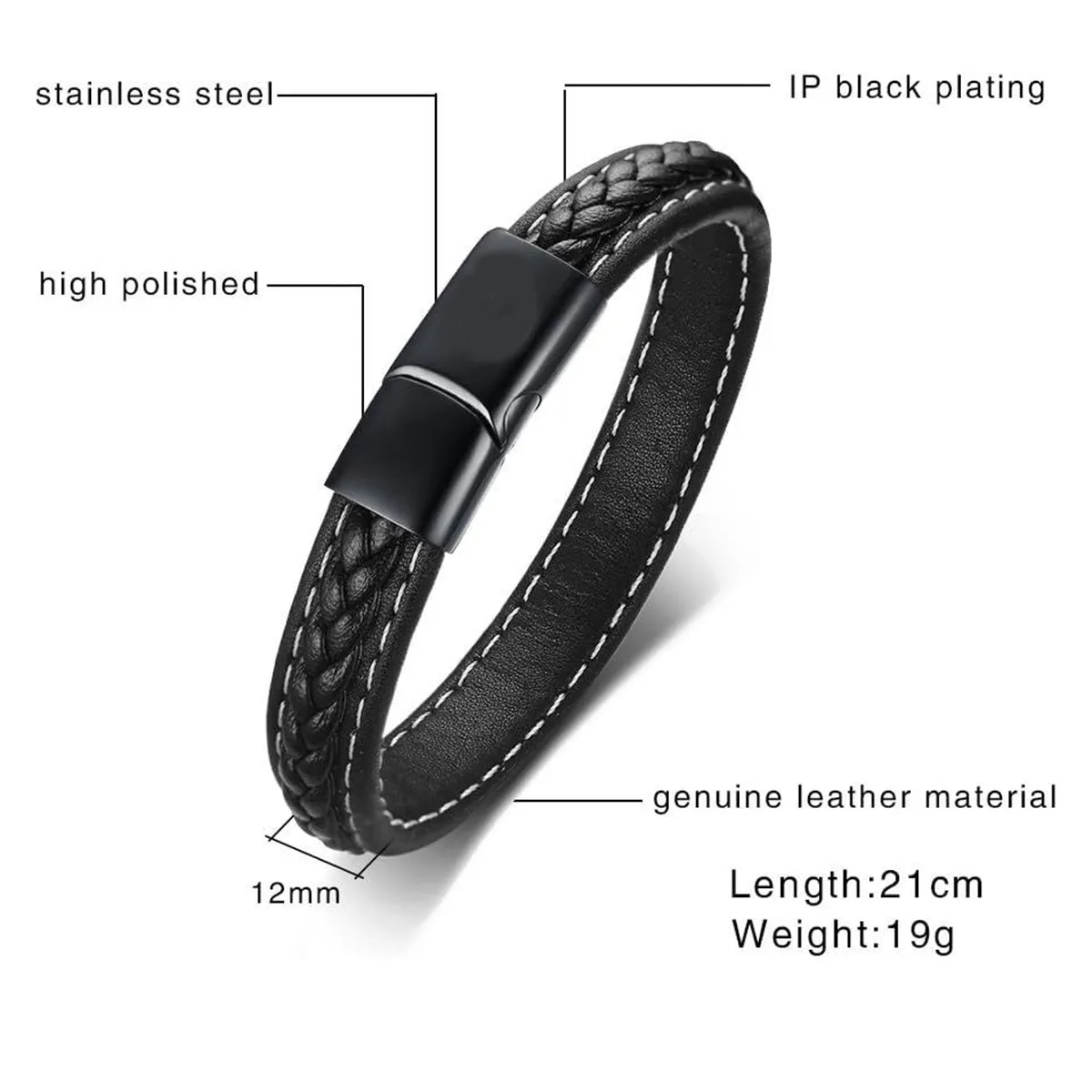 Braided Black Leather Wrist Band Multi Strand Personalized Engraved Bracelet Men