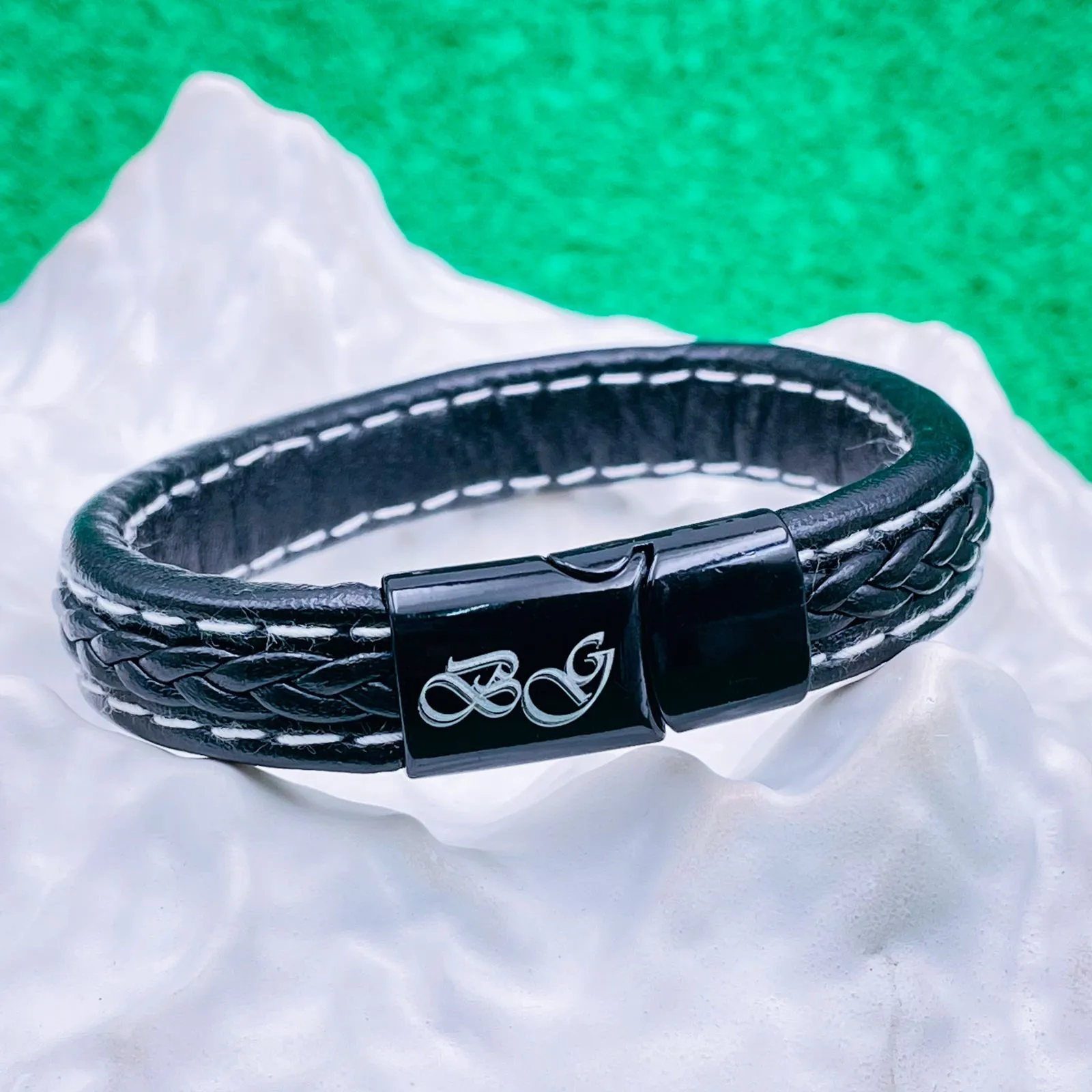 Braided Black Leather Wrist Band Multi Strand Personalized Engraved Bracelet Men