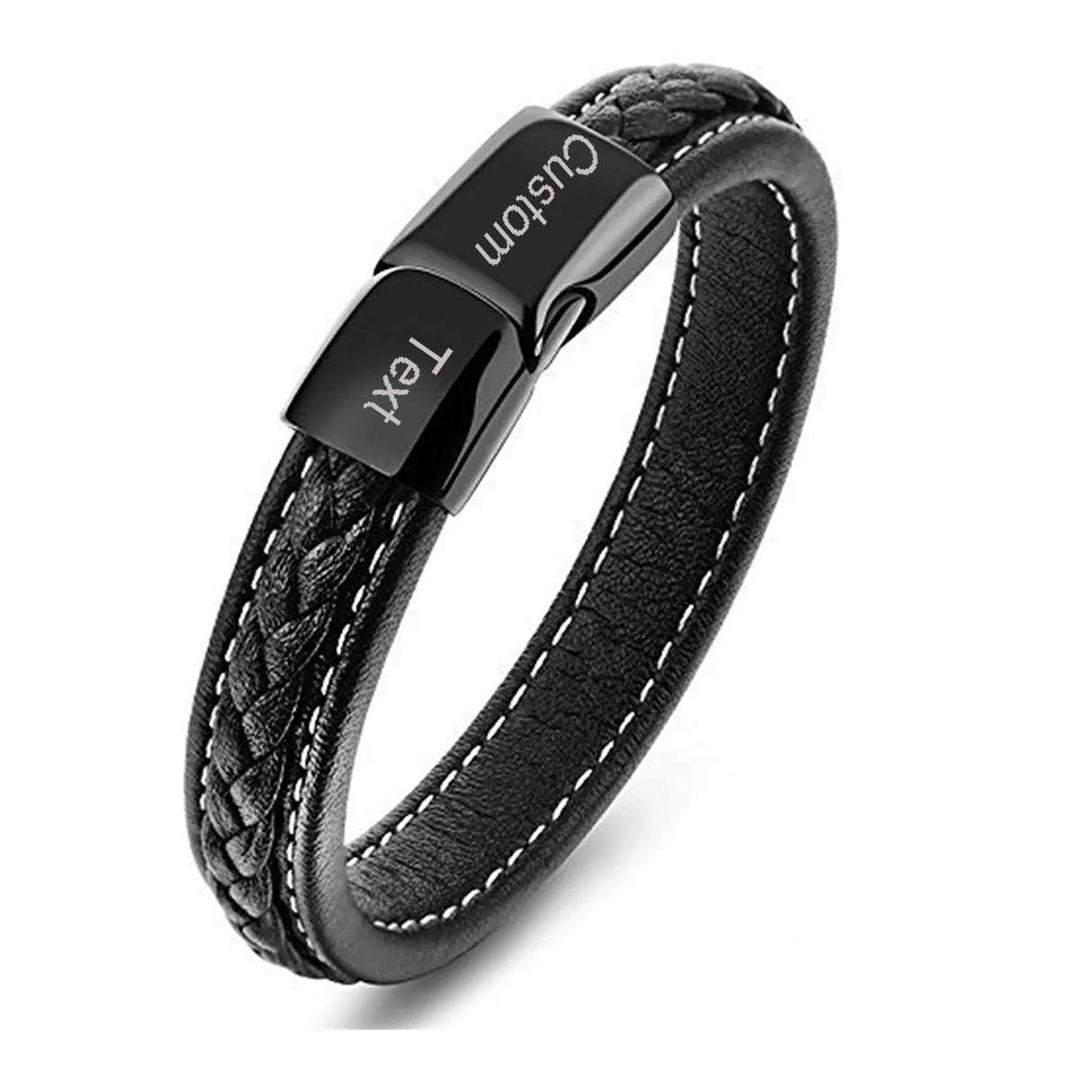 Braided Black Leather Wrist Band Multi Strand Personalized Engraved Bracelet Men