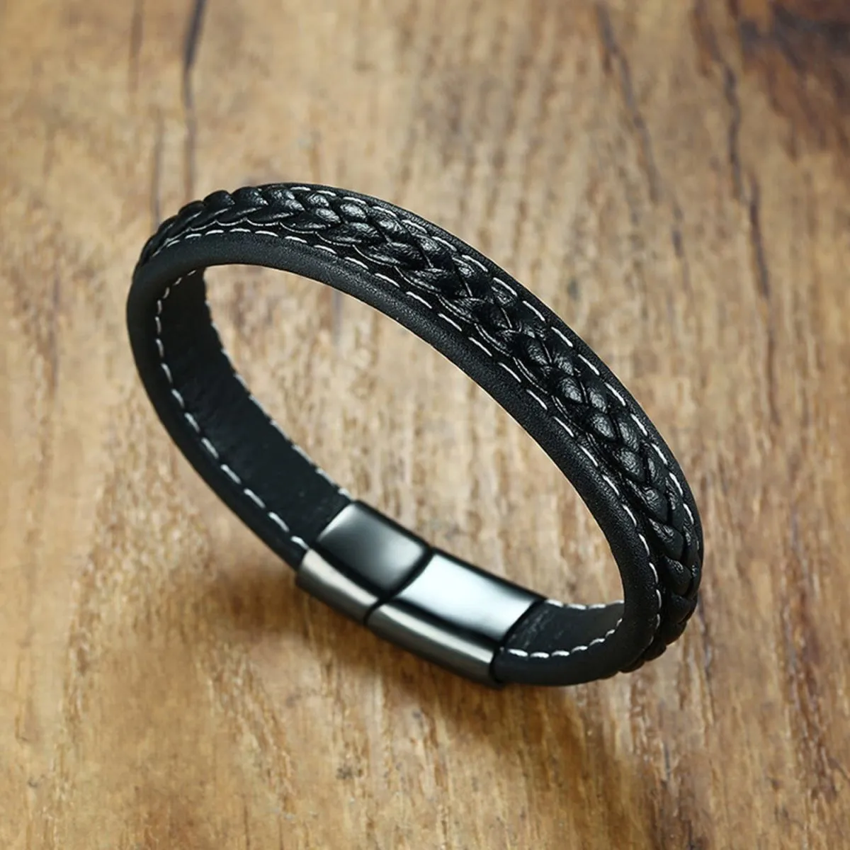 Braided Black Leather Wrist Band Multi Strand Personalized Engraved Bracelet Men