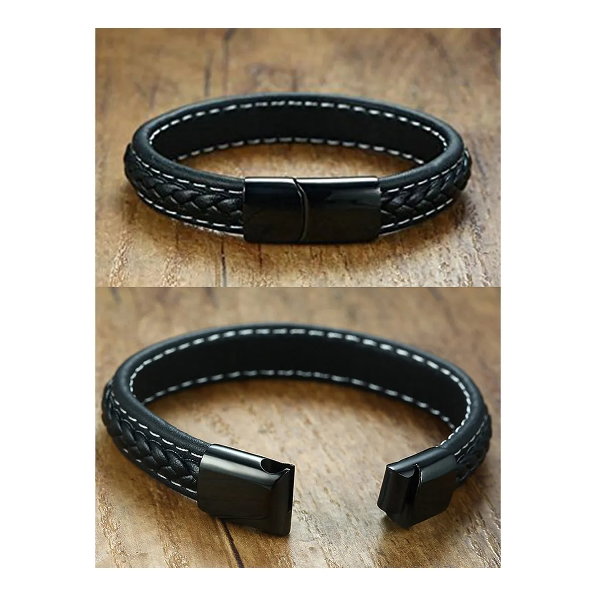 Braided Black Leather Wrist Band Multi Strand Personalized Engraved Bracelet Men