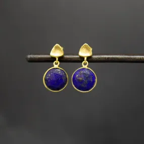 Brushed Gold Round Lapis Lazuli Stud Drop Earrings