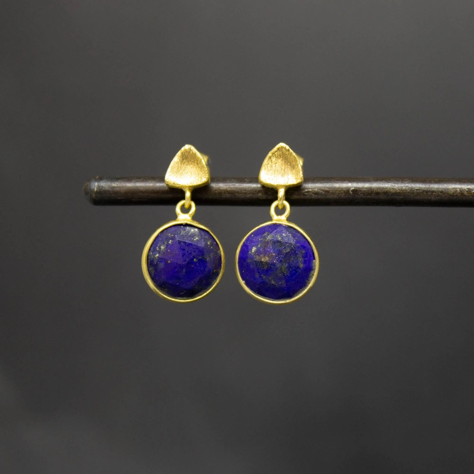 Brushed Gold Round Lapis Lazuli Stud Drop Earrings