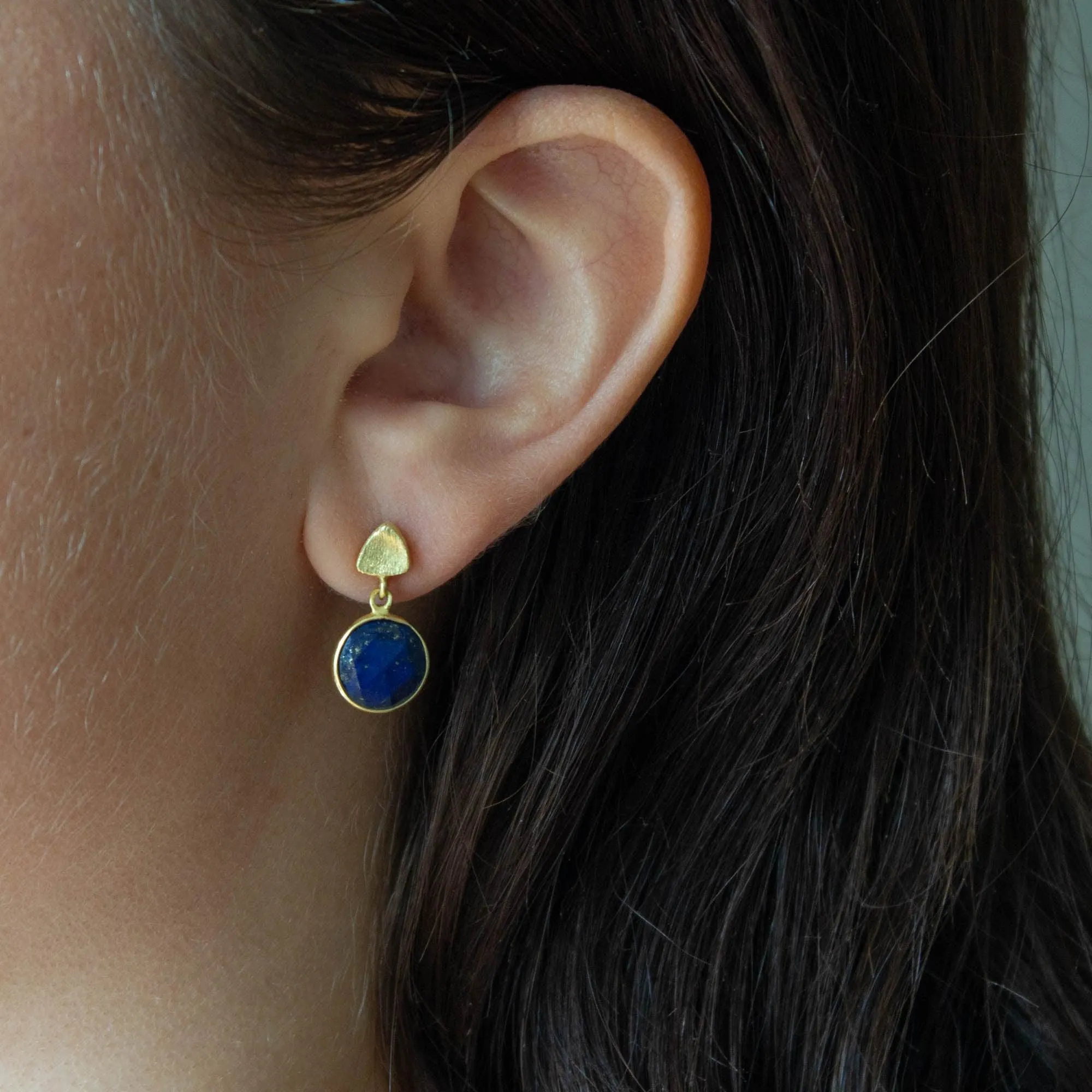 Brushed Gold Round Lapis Lazuli Stud Drop Earrings