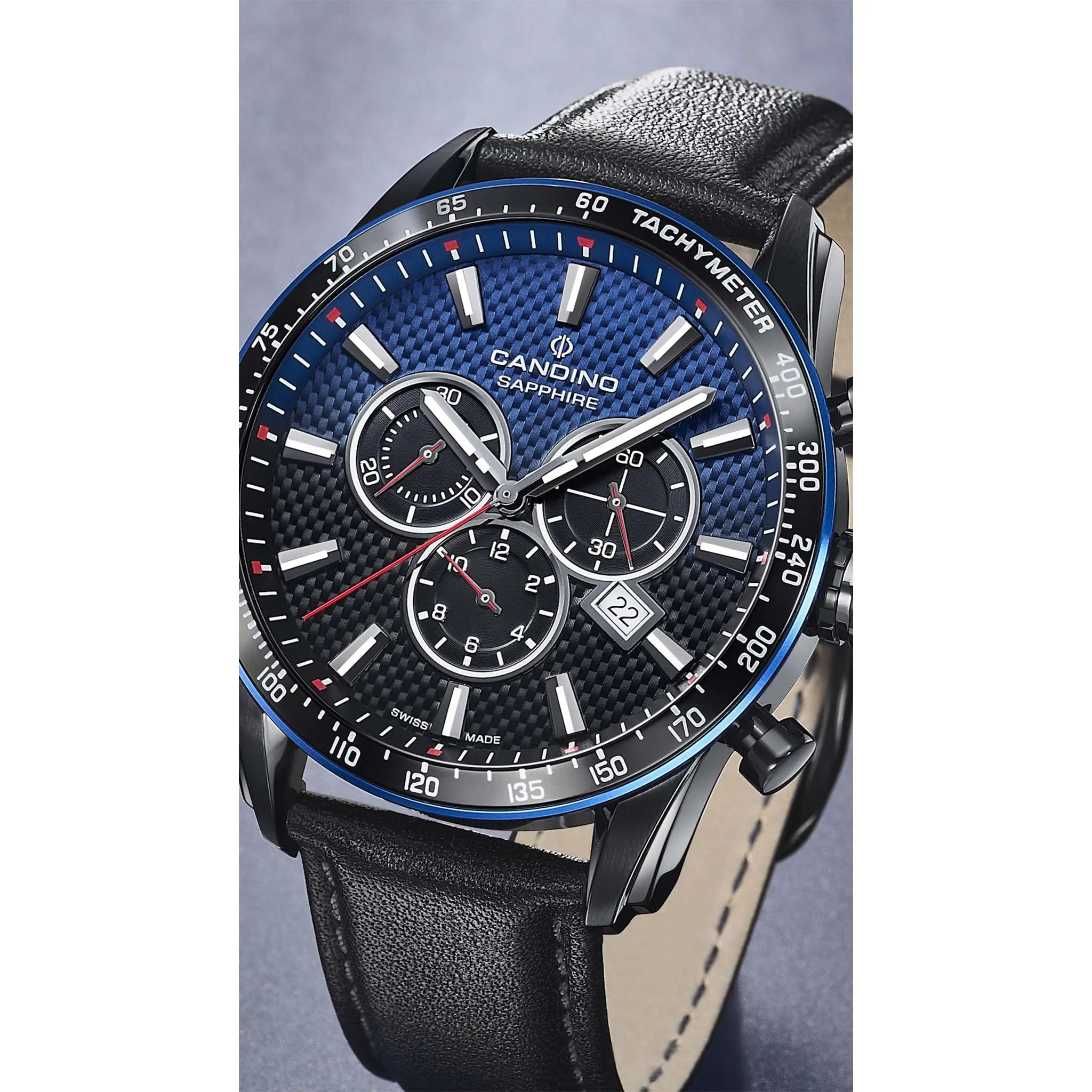 Candino Black Leather Blue & Black Dial Men's Chronograph Swiss Made Watch - C4759/2