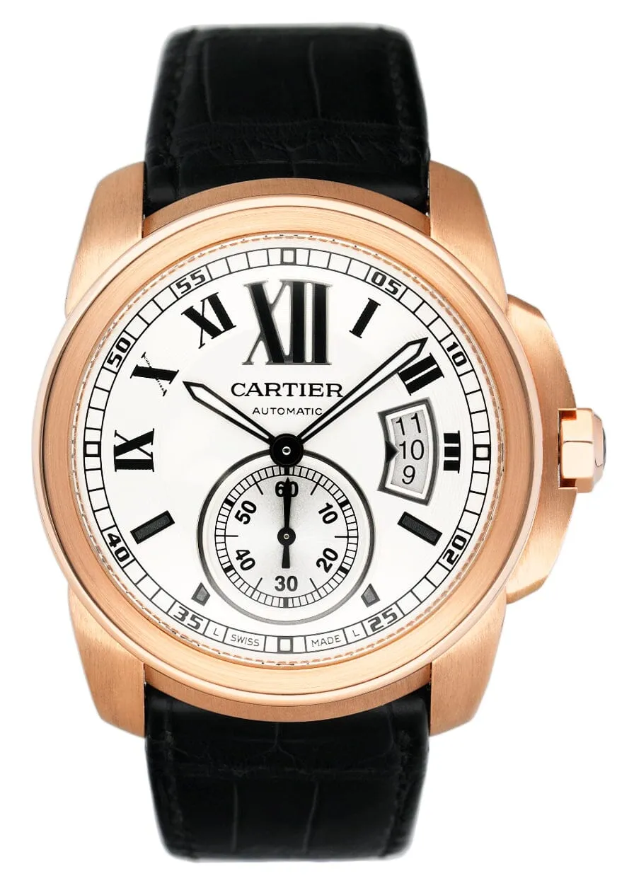 Luxury Mens Cartier Calibre Watch - Large W7100009, Silver Dial & Rose Gold