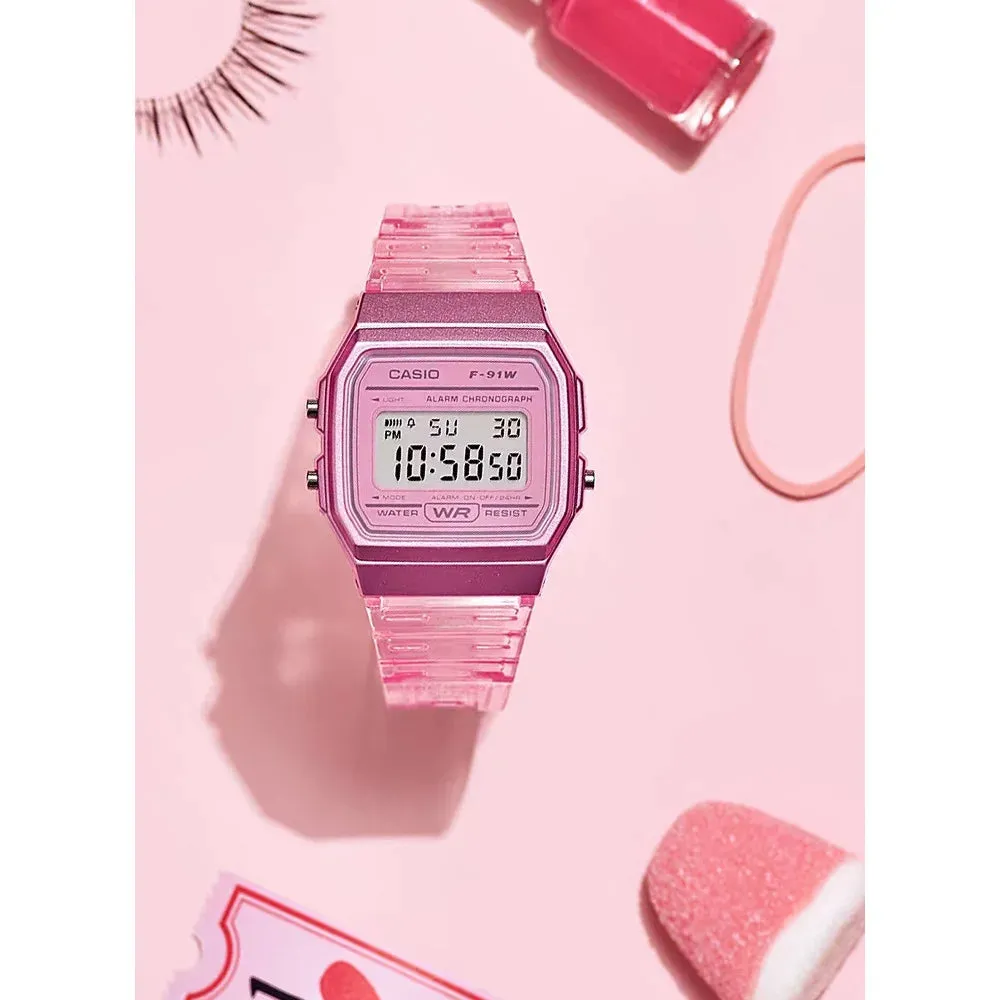 Casio Vintage Digital Transparent Pink Resin Strap Ladies Watch | F-91WS-4DF